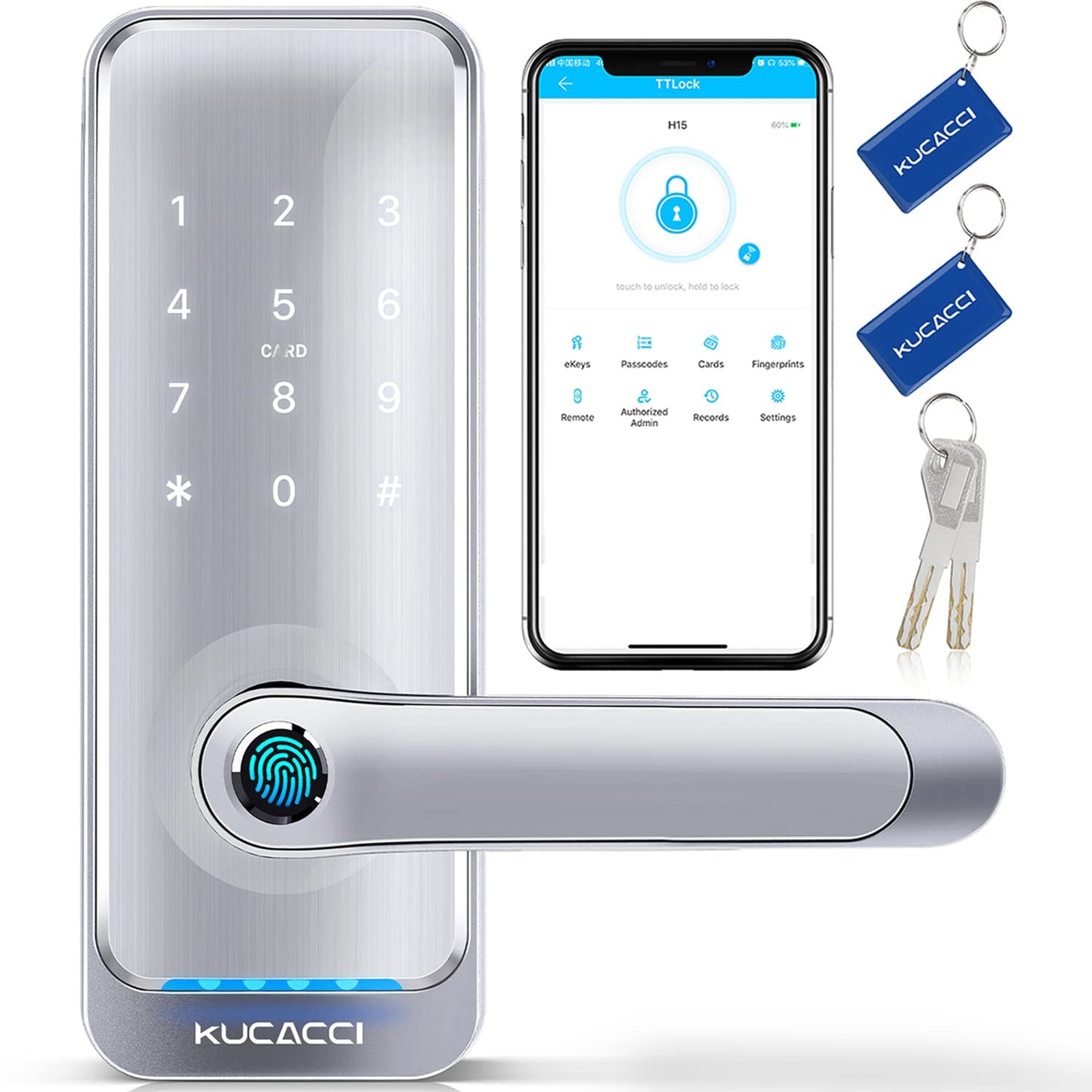 Keypad Smart Door Lock with Handle: Kucacci Keyless Entry Smart Lock for Front Door - Electronic Code for Exterior Door - Retrofit Knob Deadbolt Lock(Silver)