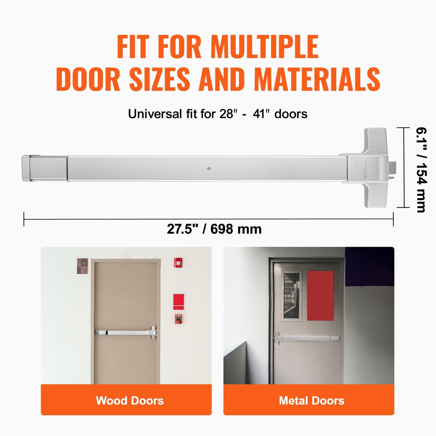 VEVOR Door Push Bar Panic Exit Device, 28” Stainless Steel Commercial Emergency Exit Door Push Bar with Exterior Lever and 3 Keys, Emergency Exit Door Hardware for 28"-41" Metal Wood Door