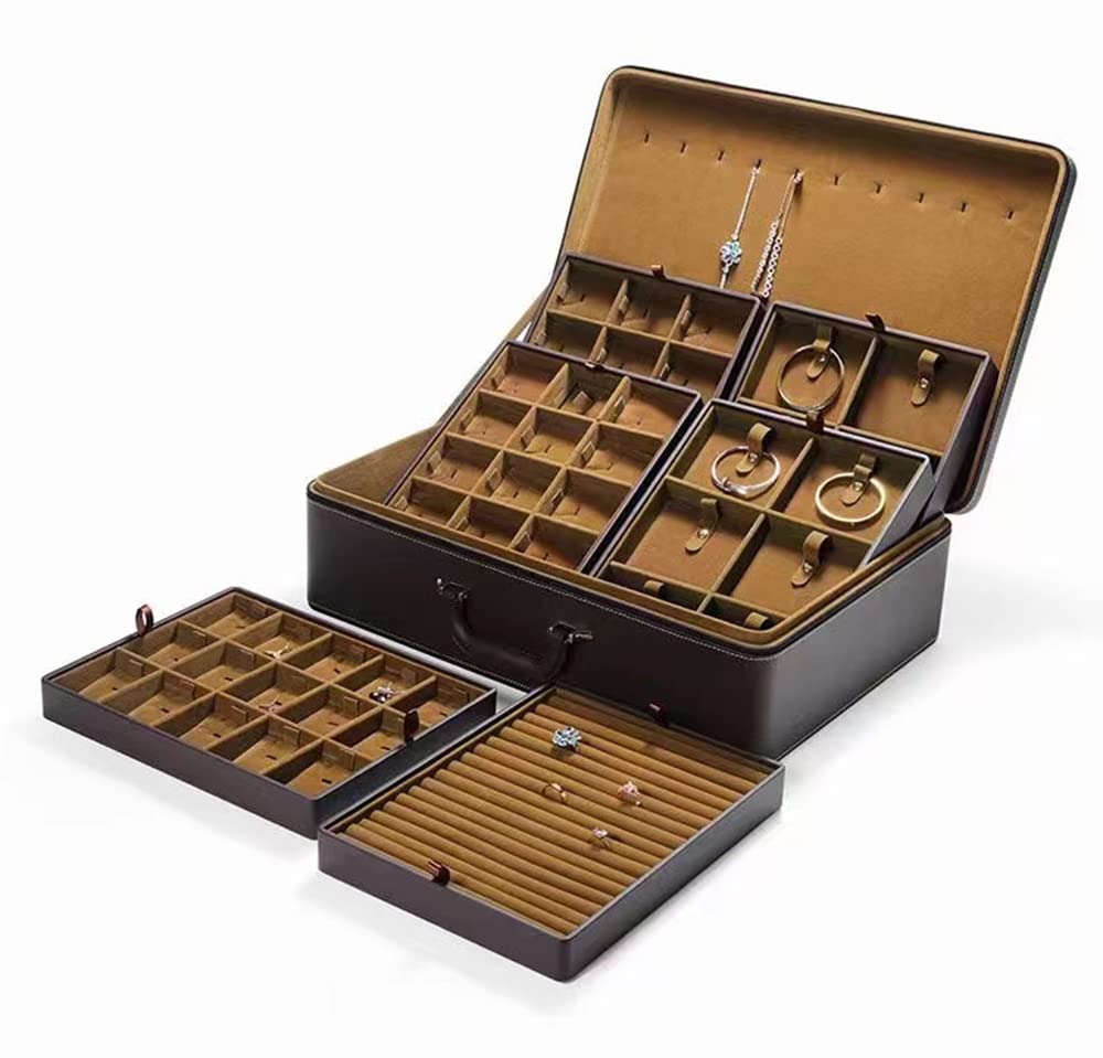 SANSREPONSE Jewelry Trays stacks Carriable with Handle Zipper Box Organizer Faux-Leather Accessory Case Storage(L6 Layers)