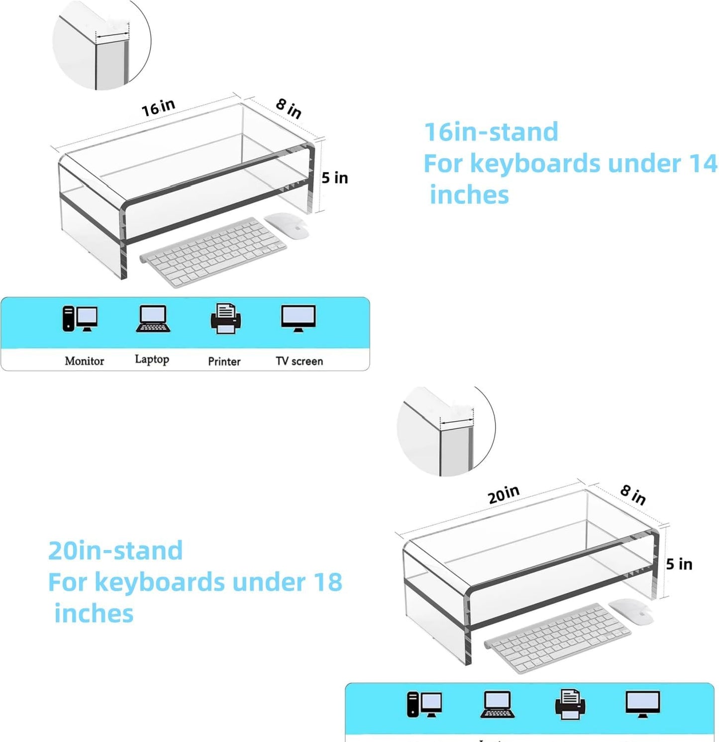 2 16/20 Inch, (16in) Acrylic Monitor Stand, Tier Riser with Storage Shelf, Clear, Home Office Desk Organizer