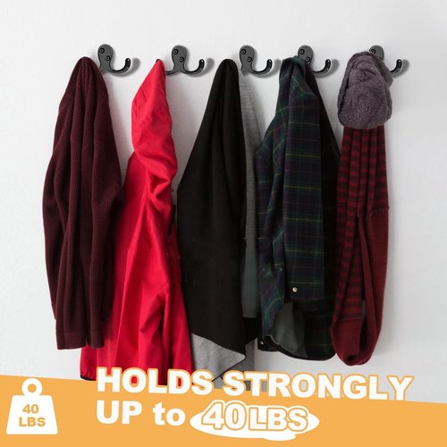 CBWLWJ Coat Hooks - Heavy Duty Double Prong Metal Wall Hooks for Home | 10 Pack in Black