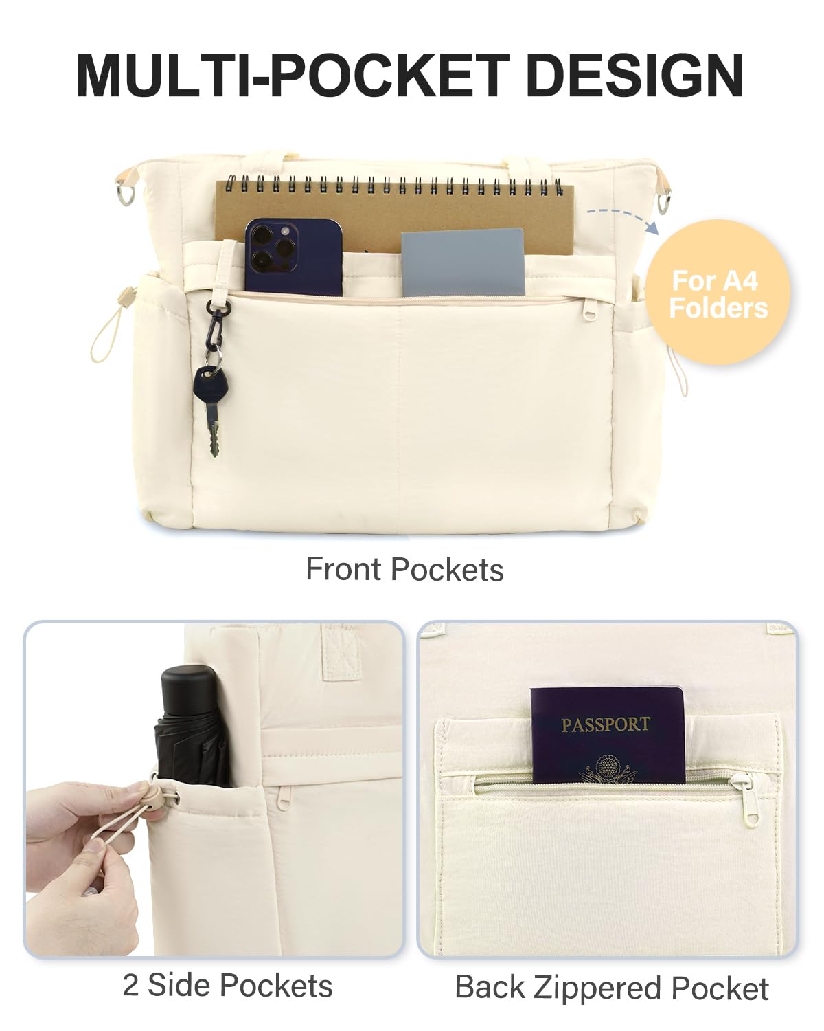 Tote Bag for Women, Puffer Work Tote Bag with 15.6 Inch Padded Compartment and Cup Holder, Shoulder Bag Handbag with Zipper for Travel Teacher Nurse, Beige