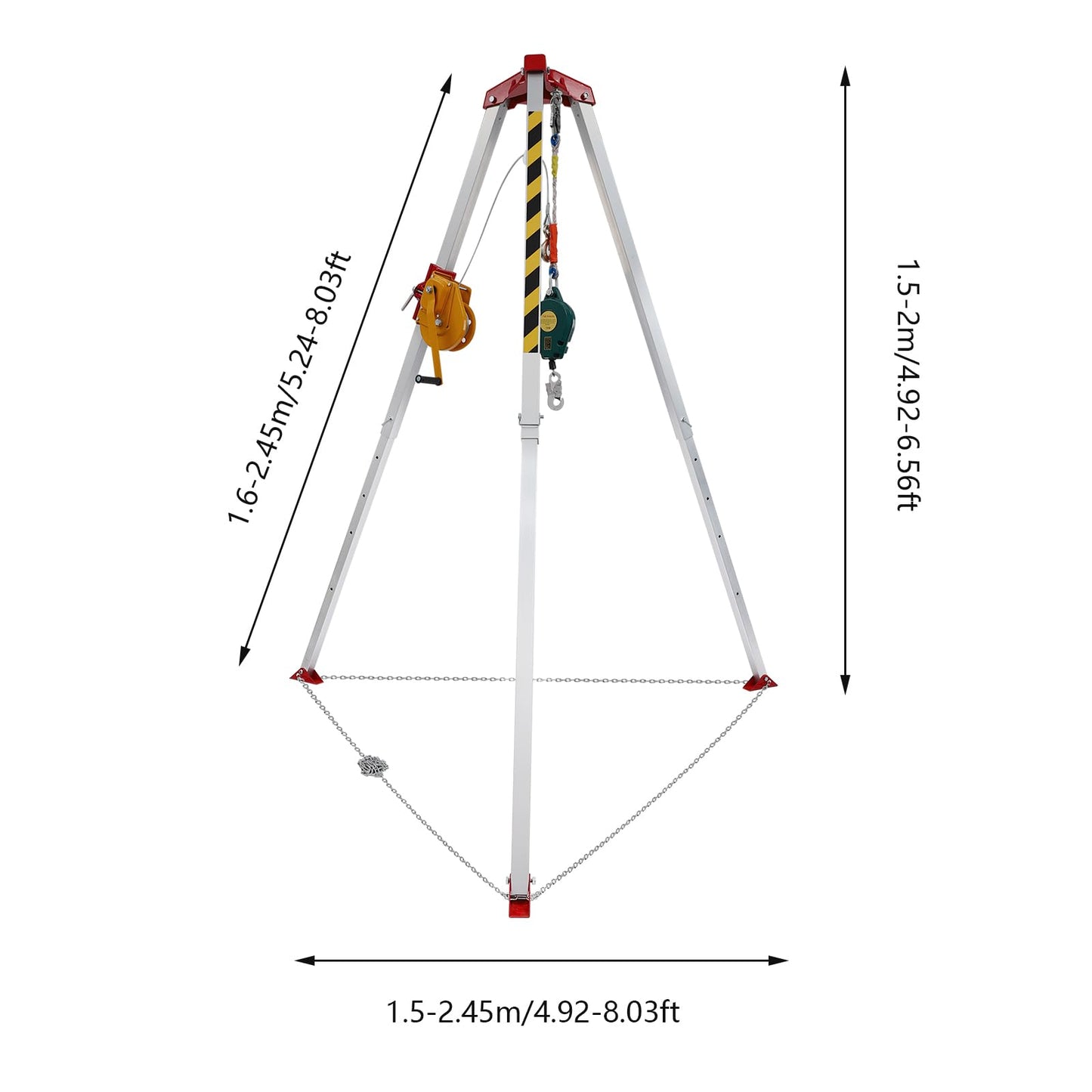 Confined Space Tripod Kit with 1800lbs Load Winch, Heavy Duty Confined Space Rescue Tripod with Self-Locking Device, Fall Arrester, 5.25-8ft Adjustable Working Height, 65.6ft Steel Wire