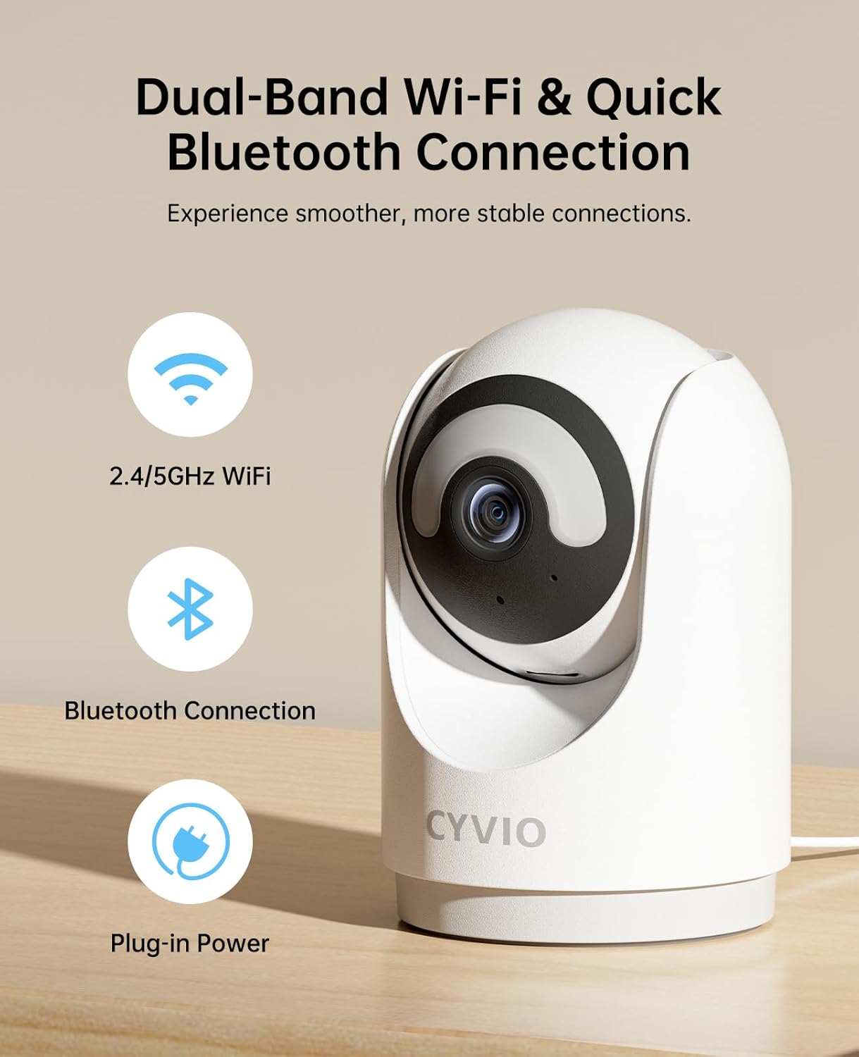CYVIO 5MP 3K 2-Way Indoor WiFi Camera, Plug-in Security Camera with Wireless Connection, Video, Pan/Tilt, Audio, AI