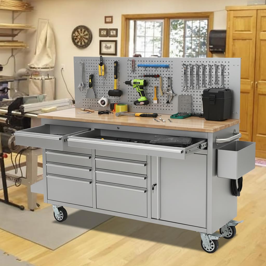 Garvee 61-inch Rolling Tool Chest, 10 Drawers Garage Workbench Storage Tool Cabinet with Power Strip, Solid Rubber Wood Top, 1675 LBS Load Mobile Workstation, Heavy Duty Rolling Cabinet