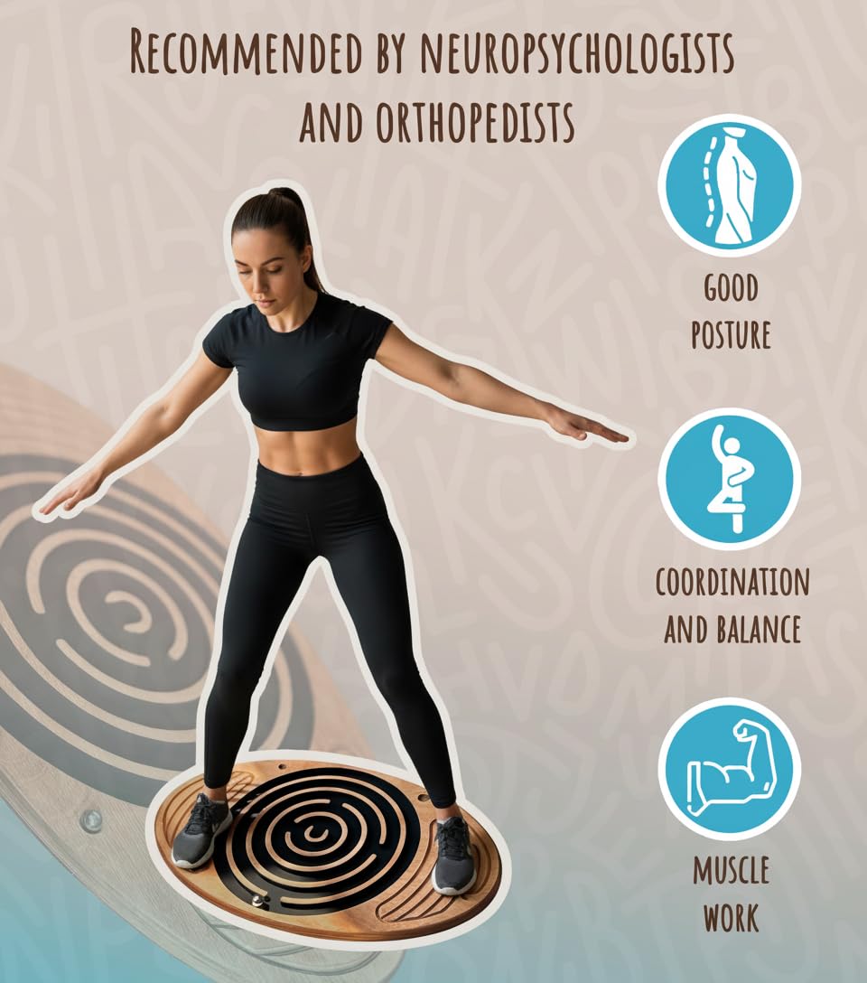 Wooden Balance Board with Labyrinth - Fun Fitness Tool for Kids and Adults, Physical Therapy, Exercise Training