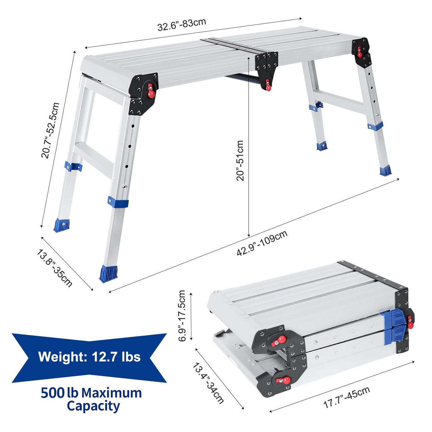 Foldable Aluminum Work Platform, 12.7 lb, Easy-Installation, Capacity of 500 lbs, Non-Slip, Step Stool for Adults with Adjustable Height, Heavy Duty & Portable Step Ladder