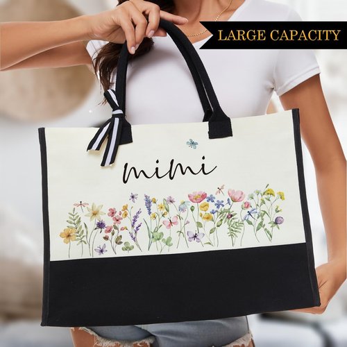 CYZCYZ Mimi Gifts Gifts for Mimi Grandma Practical Gift for Grandma Canvas Tote Bag Ideas First Time for Women Birthday Christmas Flower Reusable Beach Bag Shopping Bags