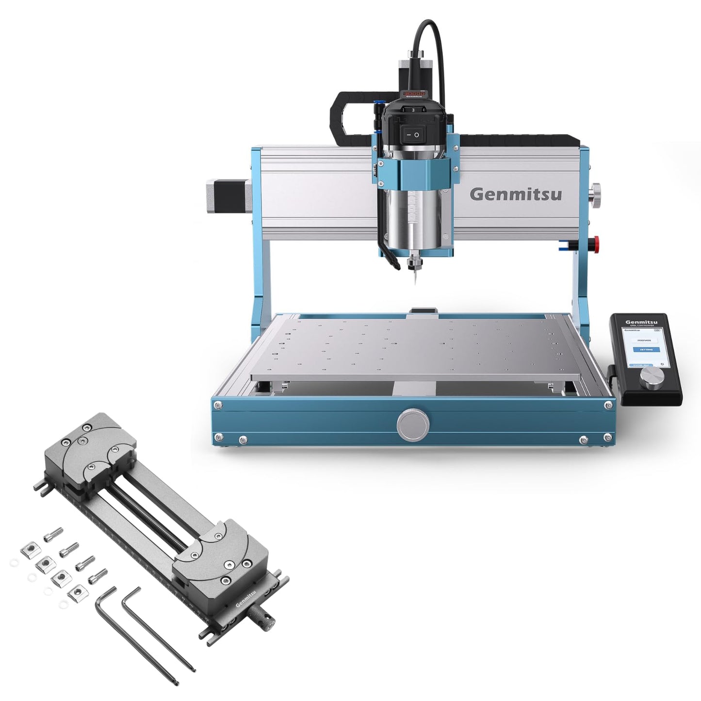 Genmitsu 3030-PROVer Ultra CNC Router Machine for Metal + Fractal Vise with 100° Adjustable Jaw for Irregular Shape, 120mm Clamping Range