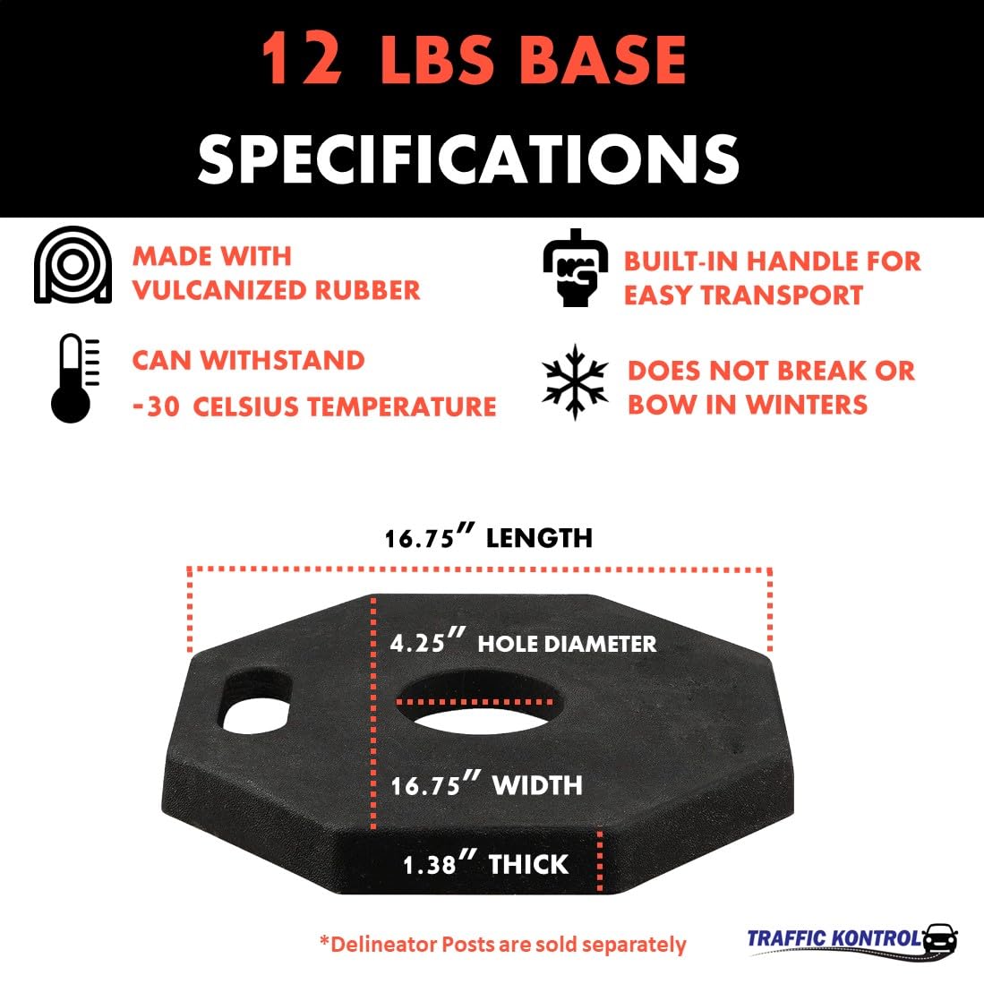 Traffic Kontrol 12 Lbs Black Rubber Base for Traffic Delineator Post – Pack of 10 Weighted Bases for Industrial, Road, Parking Lots, Driving, Construction Safety