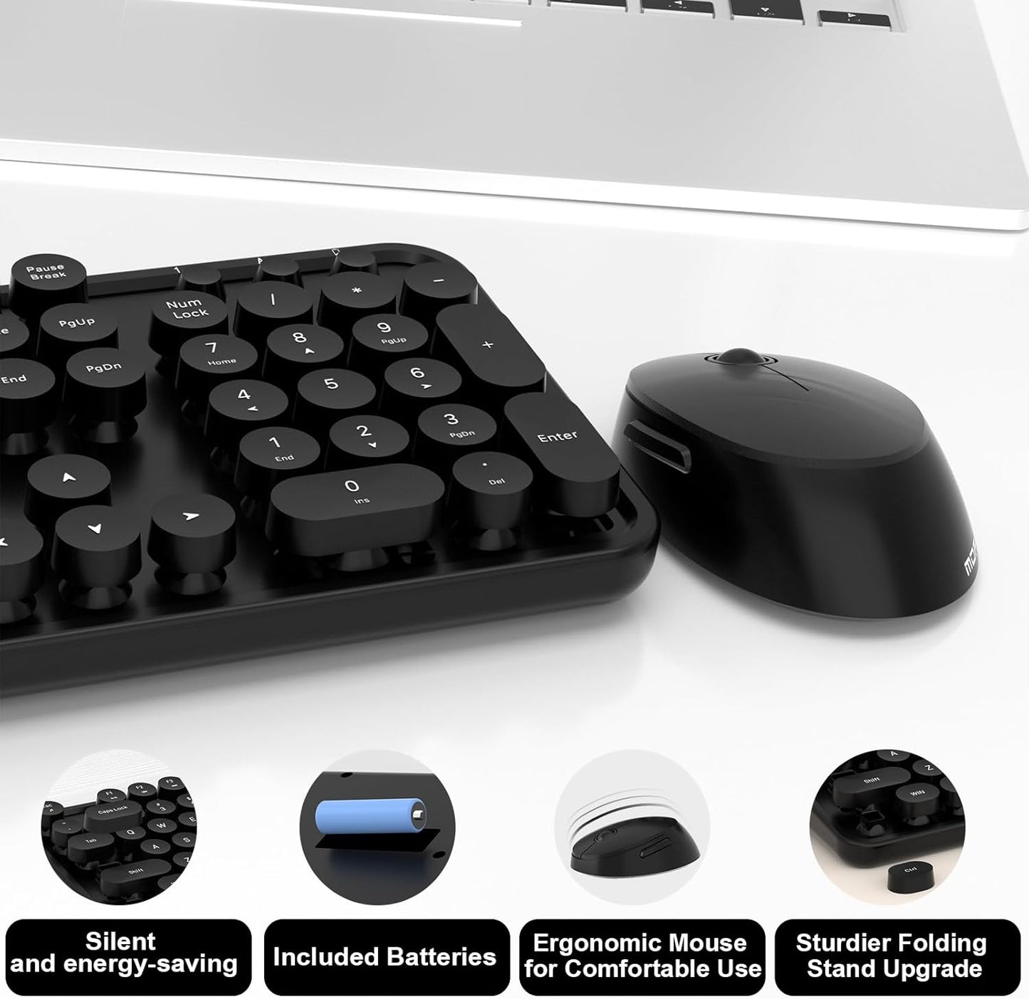 MOFII 104 Wireless Keyboard and Mouse Combo, Keys Full-Size Retro Round Keys Typewriter Keyboards Ergonomic Keyboards