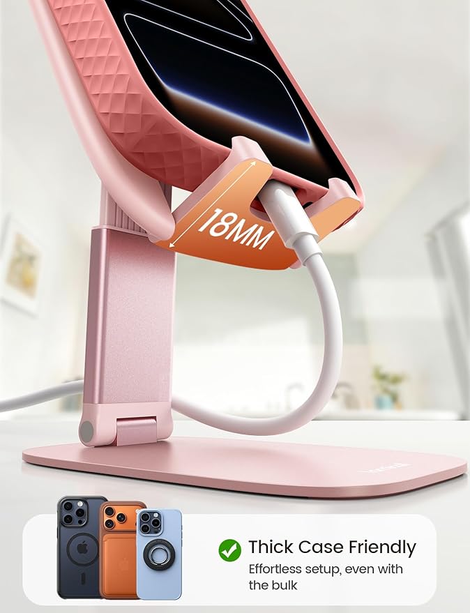 Lamicall Pink Desk Accessories for Women, Pink Office Supplies Desk Home Vanity Decor, Cute Rose Gold Phone Stand Holder for iPhone, 4-8'' Phone, Gifts for Teens Girls Boys Adults Women Men Mom Wife