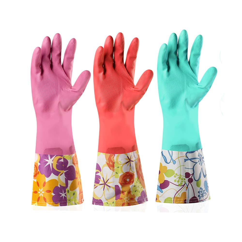 Dishwashing Rubber Gloves 3 Pairs, Aixingyun Non-Slip Household Laundry Kitchen Cleaning Gloves, Reusable PU Waterproof Latex Gloves Gift for Mom (Large, 3 Pairs)