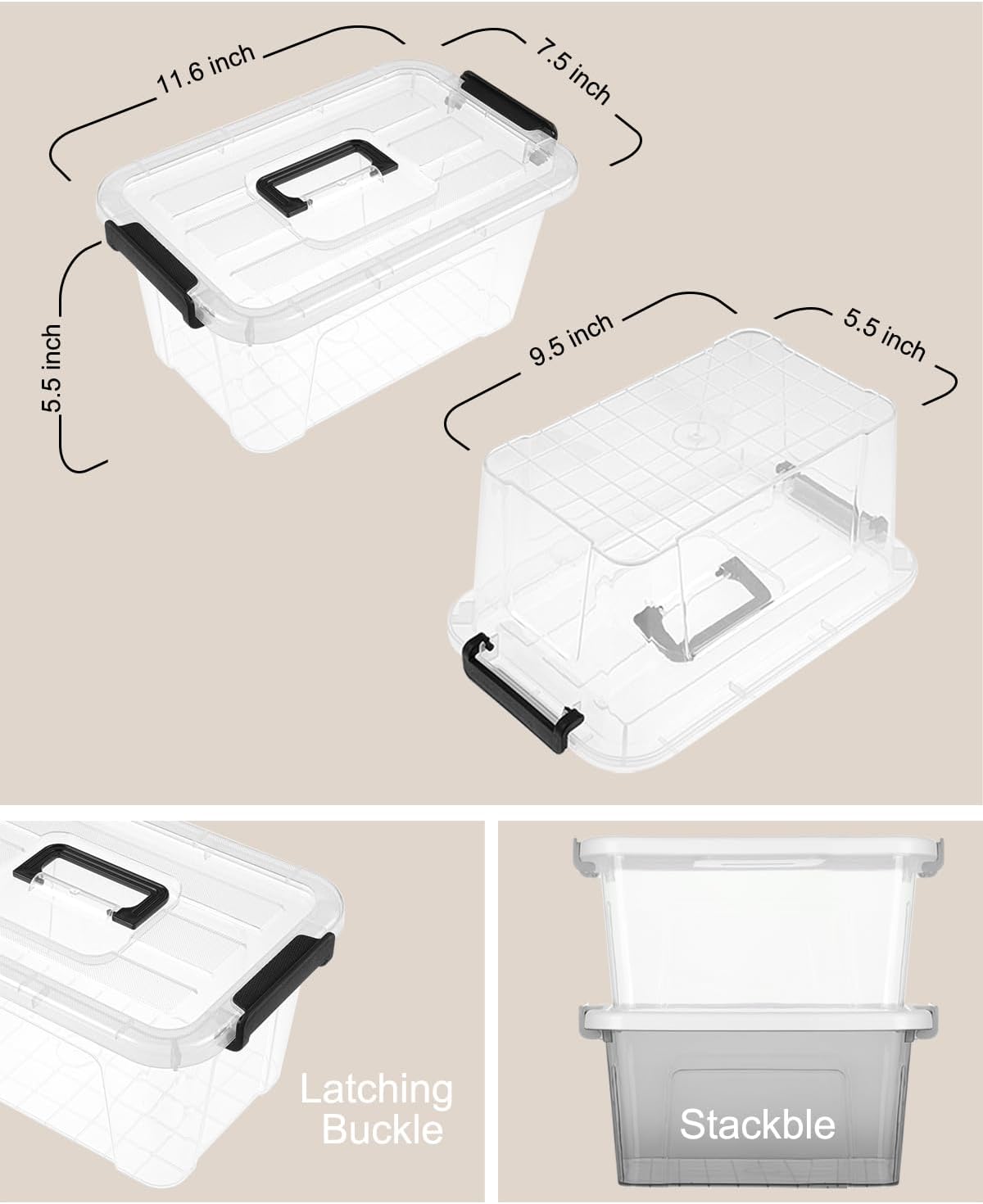 NUMIFUN Plastic Storage Bins - 7 Quart Stackable Organizer with Lids & Buckle-Up Latches | 6 Pack for Home & Office