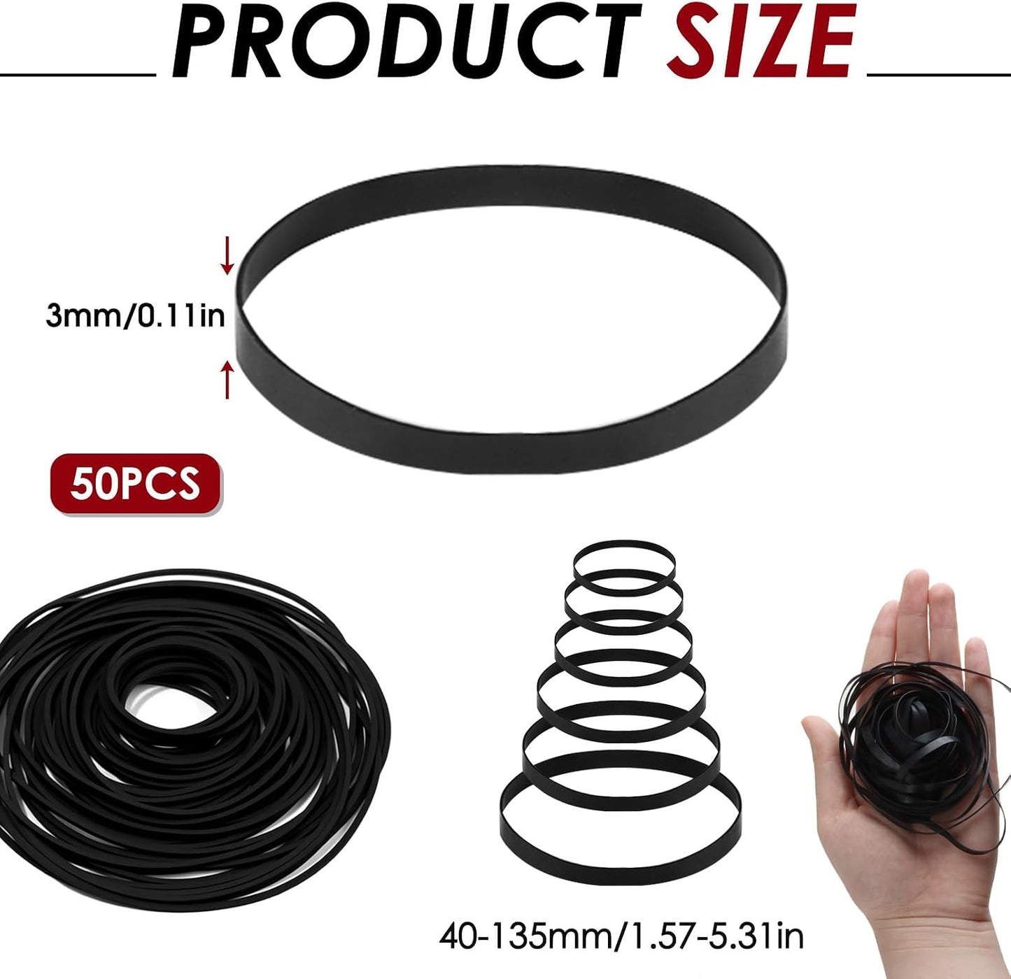 TNJPSEK 50 Cassette Set (3mm Pcs Player Belts Replacement Kit, Mixed Flat Rubber Drive Belts for Tape Recorder Repair
