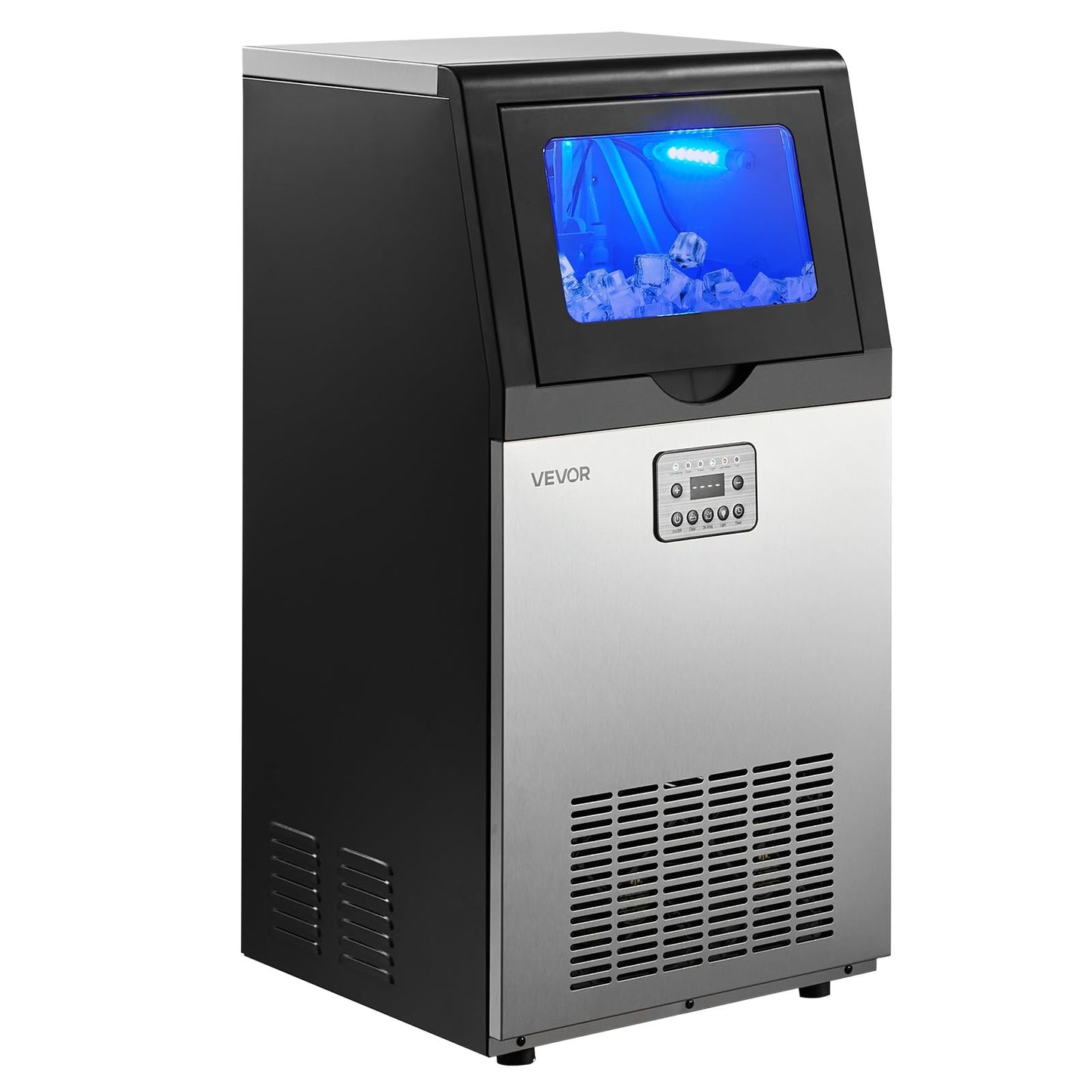 VEVOR Commercial Ice Maker Machine, 100 lbs/24h with 30 lbs Storage Capacity, Built-in/Freestanding/Under Counter, Stainless Steel Ice Maker with LED Display & Self-Cleaning, for Home Bar Restaurant