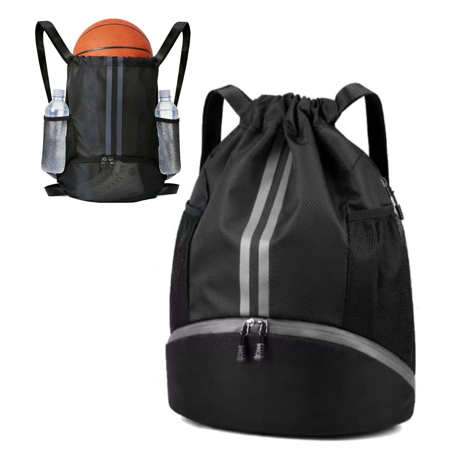 MWODC 2-Pack Drawstring Backpack Bags with Shoe Compartment, Large Capacity Basketball Bag, Water-Resistant, Lightweight, for Soccer, Basketball, Sports, Swimming, Beach, Soccer Bag for Men
