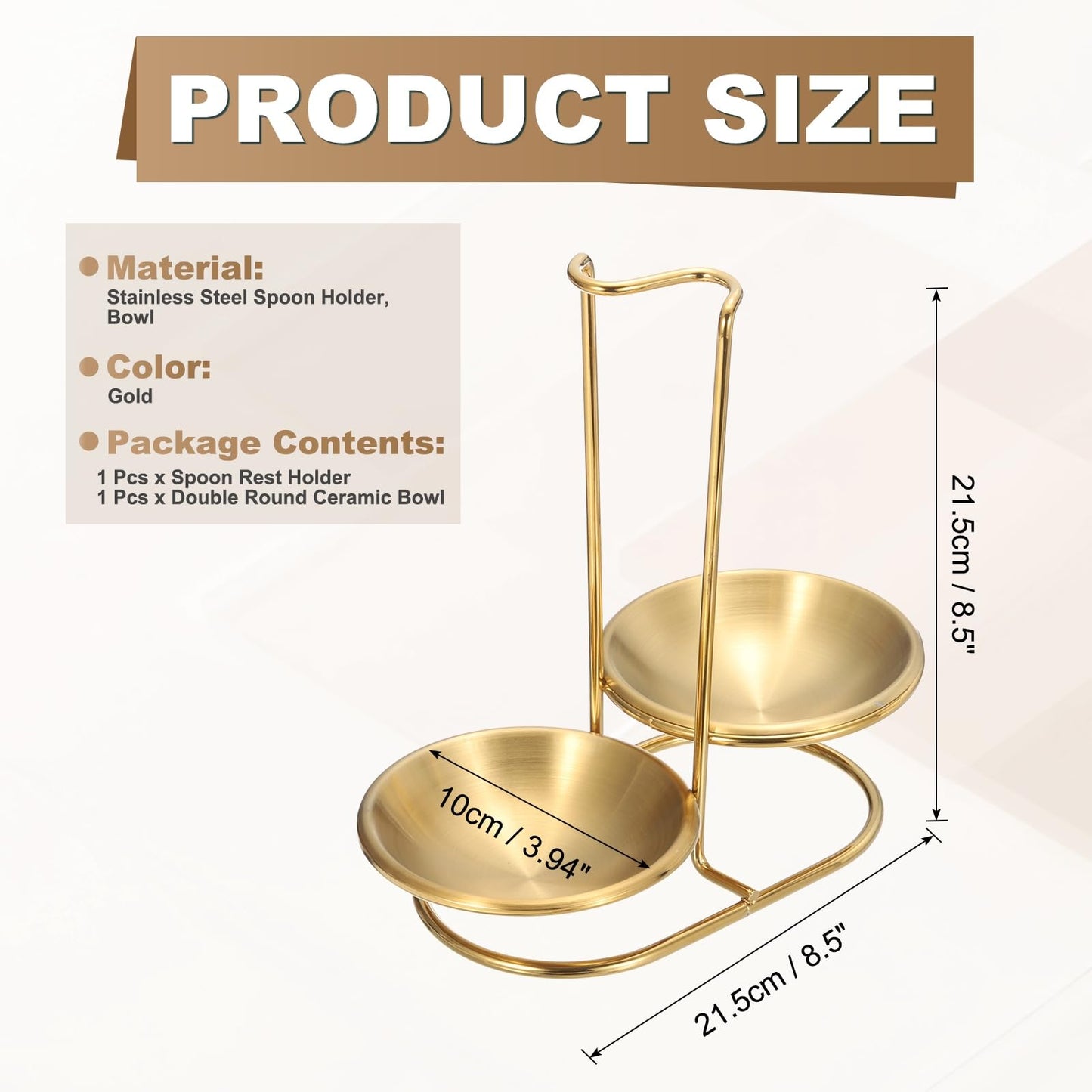 uxcell Spoon Rest Holder, 8.5x4.3x8.5 Inch Stainless Steel Upright Ladle Rack Set with Double Round Stainless Steel Bowl, Portable Upright Spoons Rest for Home Kitchen Counter, Gold