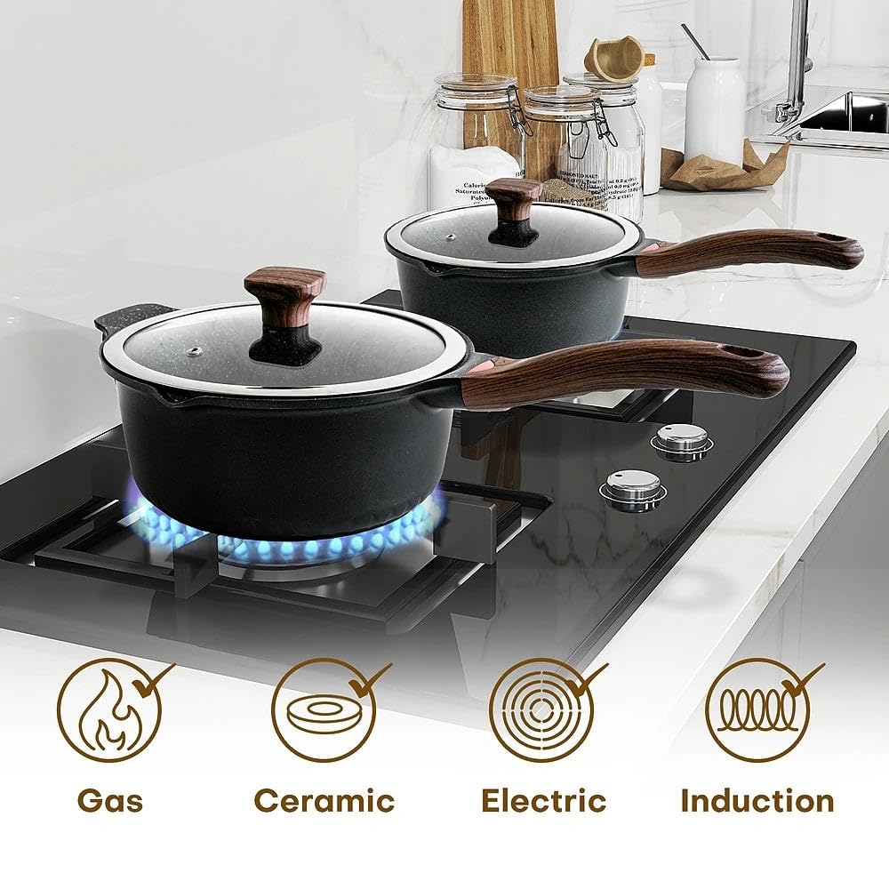 Vinchef New Nonstick Sauce Pot Set with Lids, 3QT Saucepan & 4QT Saucepot,Dishwasher Safe,Induction Compatible, Scratch/Stain Resistant, Stay-Cool Handles, PFAS-Free, Black
