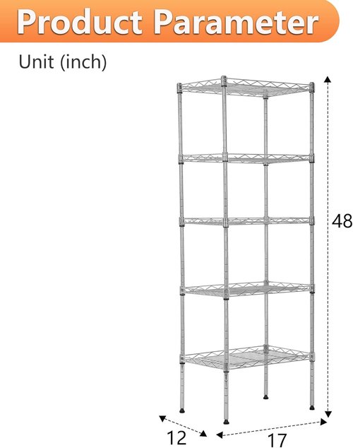 BestOffice 5-Tier Wire Storage Shelves - Heavy-Duty Chrome Shelving Unit | 17x12x48 | Adjustable Racks, No-Tool Assembly, Holds Up to 750 lbs | Perfect for Home & Garage Storage