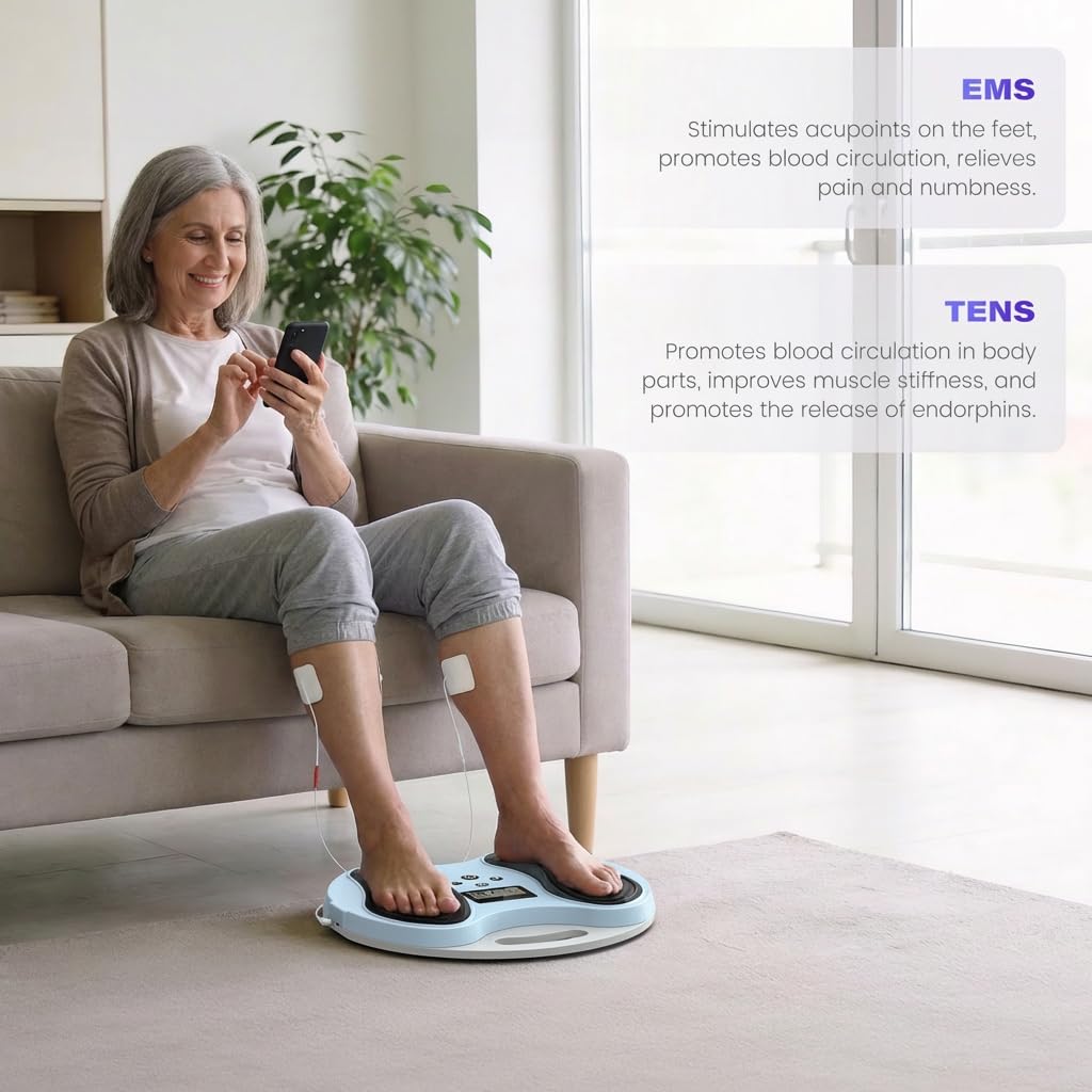 EULEYAW EMS & TENS Foot Massager for Neuropathy, NMES Foot Stimulator with 10 Modes 20 Levels, LCD Display, Timer, Remote Control, Muscle Stimulator with 4 Gel Pads for Foot Leg Pain Relief