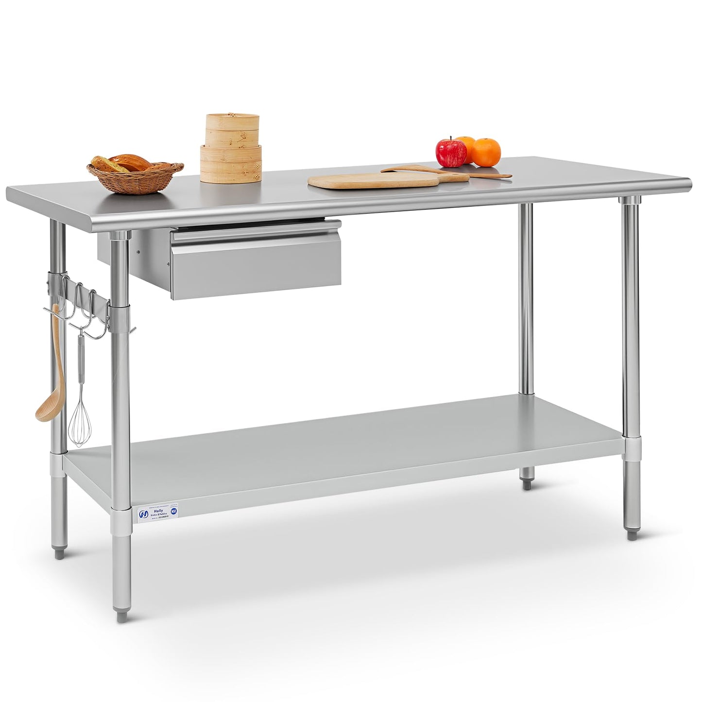 Hally 24 x 60 Inch Stainless Steel Prep Table, NSF Certified Commercial Kitchen Work Table with Drawer, Removable Stainless Steel Pan, Undershelf and Removable Hook for Restaurant Home Garage