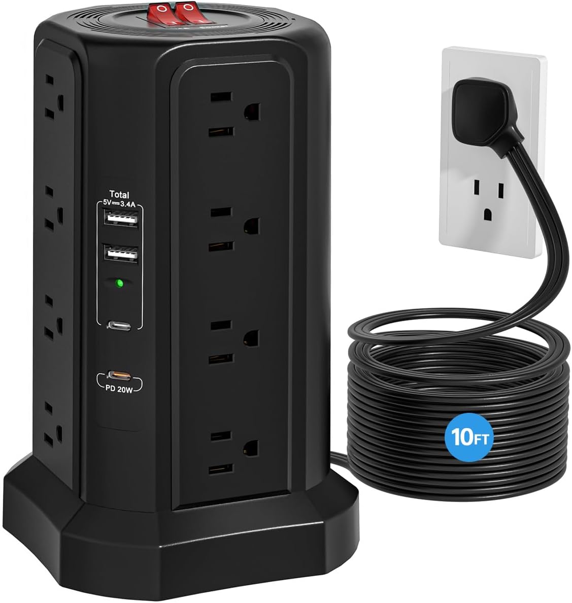 Fararaka 5 Ports,16 13A 10FT (10FT+16AC2A2C) Surge Protector Power Strip with USB AC Outlets Extension Cord