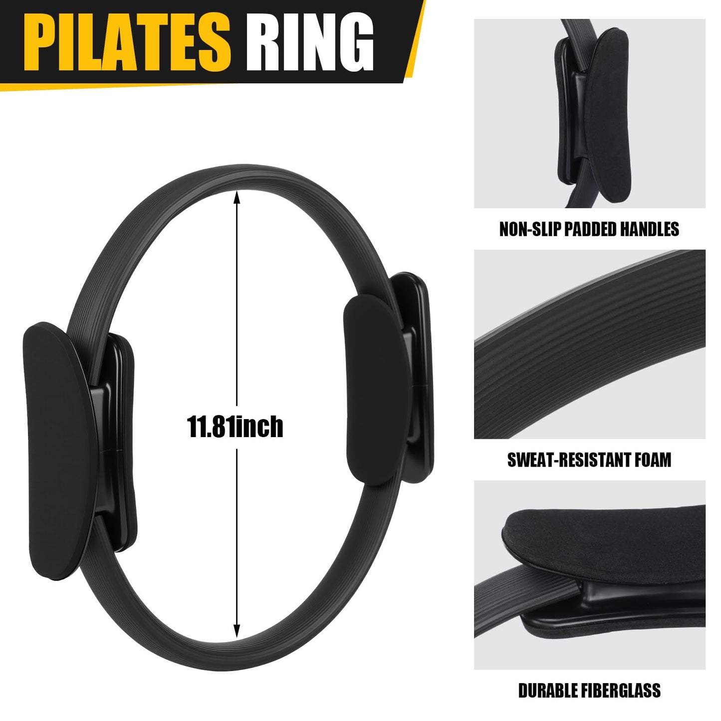 Silipull 18 Pcs Pilates Ring and Ball Set Pilates Equipment for Home Workout 11.8 Inch Magic Circle Rings with Padded Handles, Small Yoga Balls for Strength, Fitness, Toning and Flexibility, Black