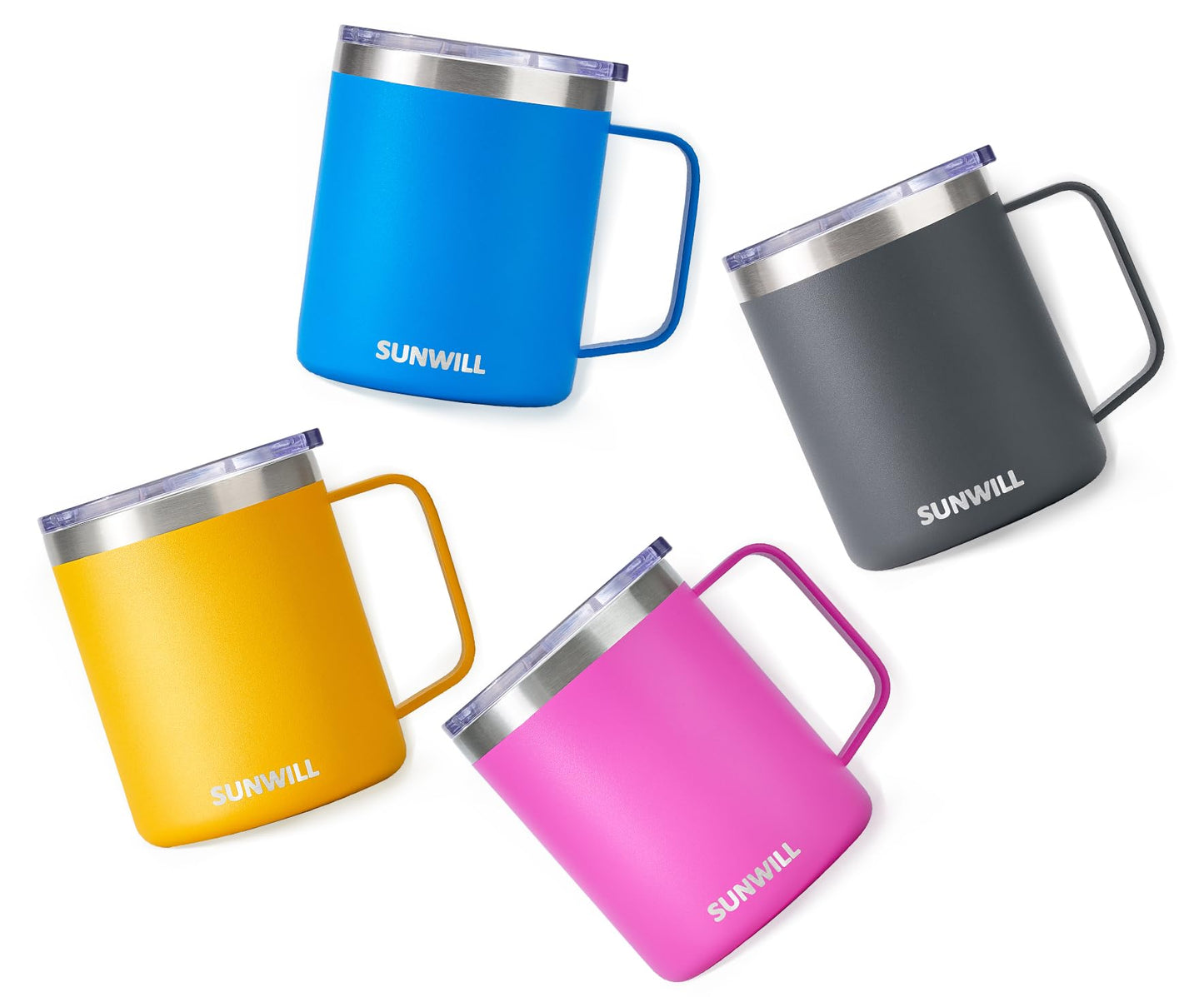 SUNWILL Travel Coffee Mugs Set of 4, Insulated Tumbler with Lid, 14oz Stainless Steel Cup with Handle Bulk for Gift, Camping, Office, Powder Coated Charcoal, Royal Blue, Magenta, Yellow