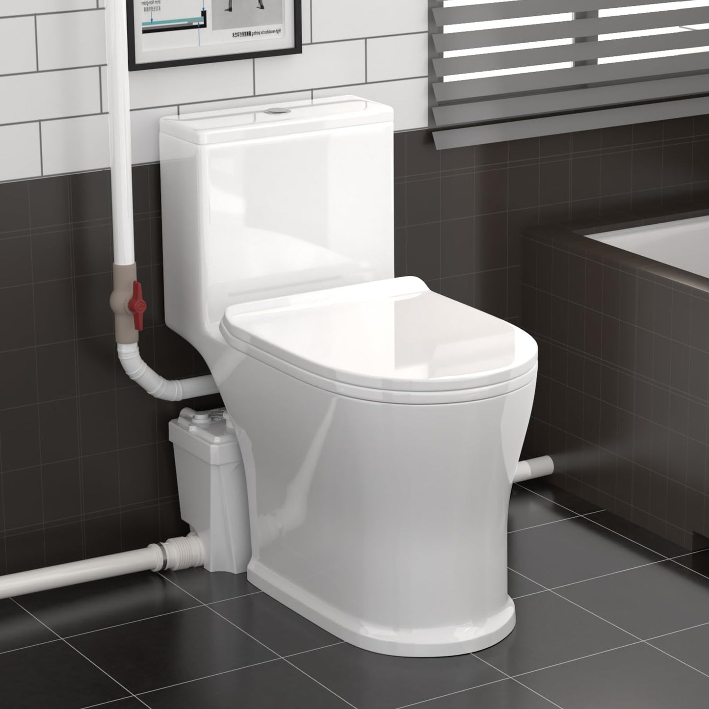 HOCANFLO Upflush Macerating Toilet System, Quiet Copper Motor Grinder Pump with 4 Inlets for Basement Toilet/Sink/Washer/Laundry Wastewater Disposal, One Piece Full Skirt, Nano-Glazed, 23ft Lifting Up