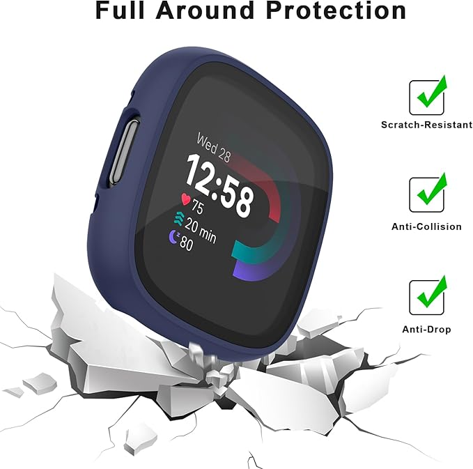 Vancle Case for Fitbit Versa 4 / Fitbit Sense 2, 4-Pack Screen Protector Tempered Glass Full Around Hard PC Case with Sensitive Touch Film Protective for Fitbit Sense 2 / Versa 4(Black + Transparent + Navy Blue + Silver)