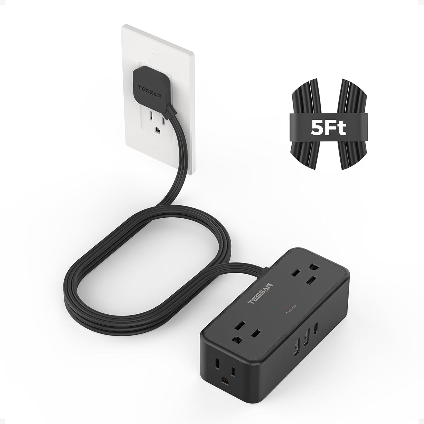 TESSAN 5 4 1 2 900 Flat Plug Extension Cord FT, Surge Protector Power Strip with AC Outlets USB C and USB A Ports