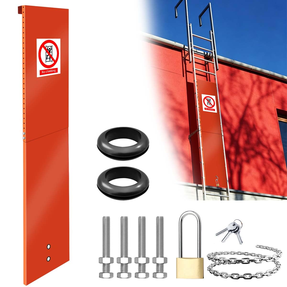Upgraded 2-Section Fixed Ladder Anti-Climb Safety Guard, Fits 38"–75" Ladders – Heavy-Duty Fixed Ladder Resistant Security Guard, Dual Locking Mechanism for Roof Hatch & Outdoor Secure Access (Orange)