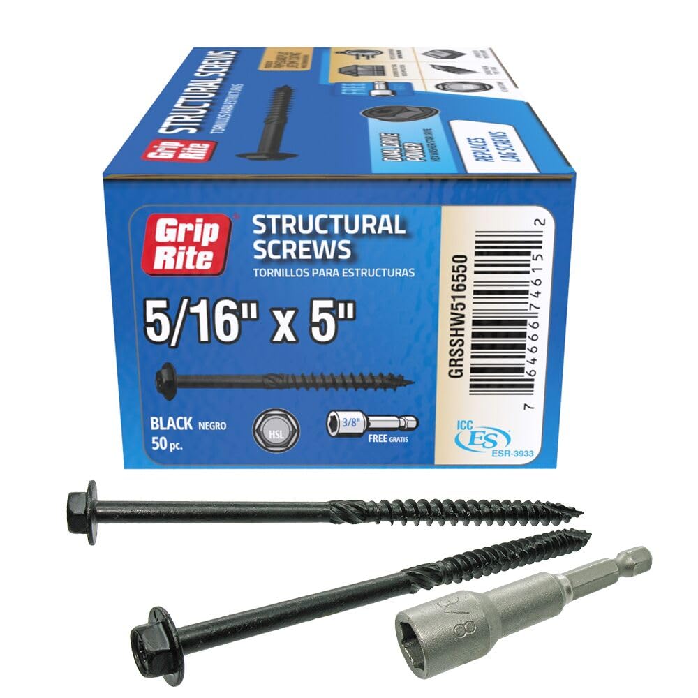 Grip-Rite Structural Screws for Exterior Structural Applications - with PrimeGuard Plus Coating - Coarse Thread Wood Screws - Hex Washer Head - 5/16" x 5" - 50 Count - GRSSHW516550