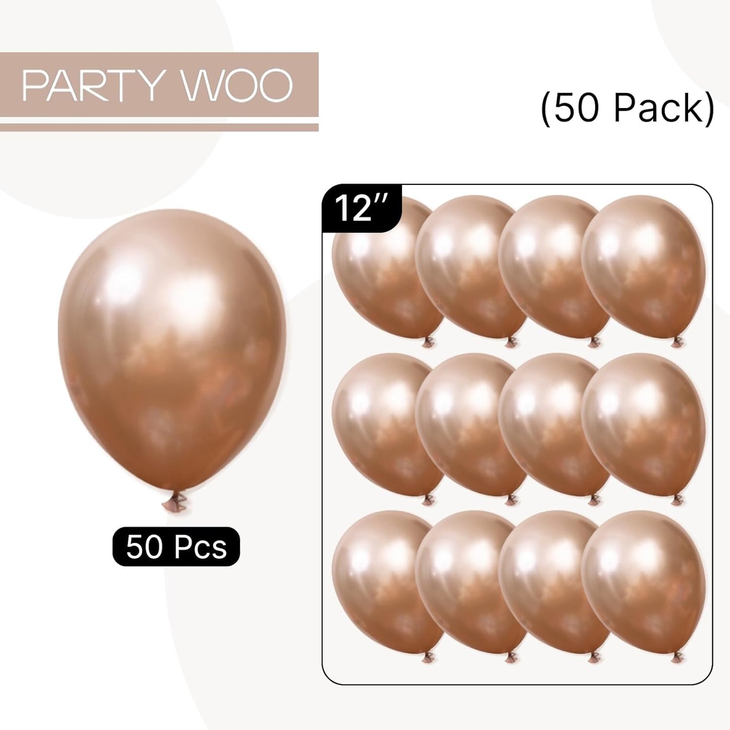 PartyWoo Metallic Rose Gold Balloons - 50pcs 12 Inch Chrome Latex for Weddings & Celebrations