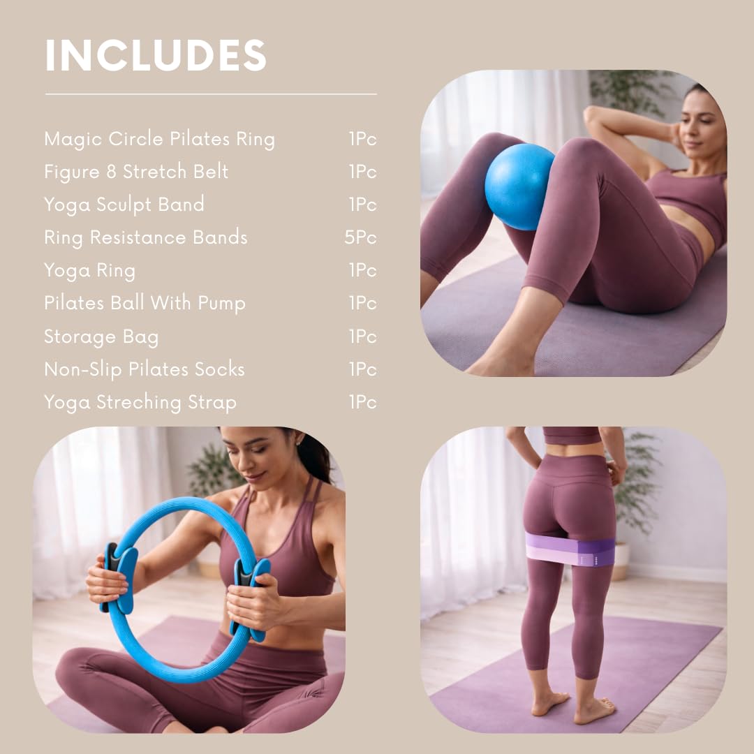 Pilates Kit for Home Workouts, Pilates Equipment Ring and Ball Set with Resistance Bands, Pilates Essentials Kit for Women, Home Pilates Workout Kit, Pilates Starter Kit for Women at Gym Studio Travel