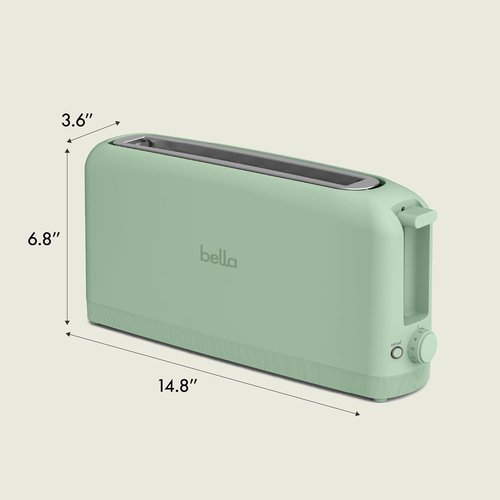 Bella 2 Slice Slim Toaster - 6 Setting Shade Control & Reheat | Fits Sourdough, 10” Long Slot, Seaglass