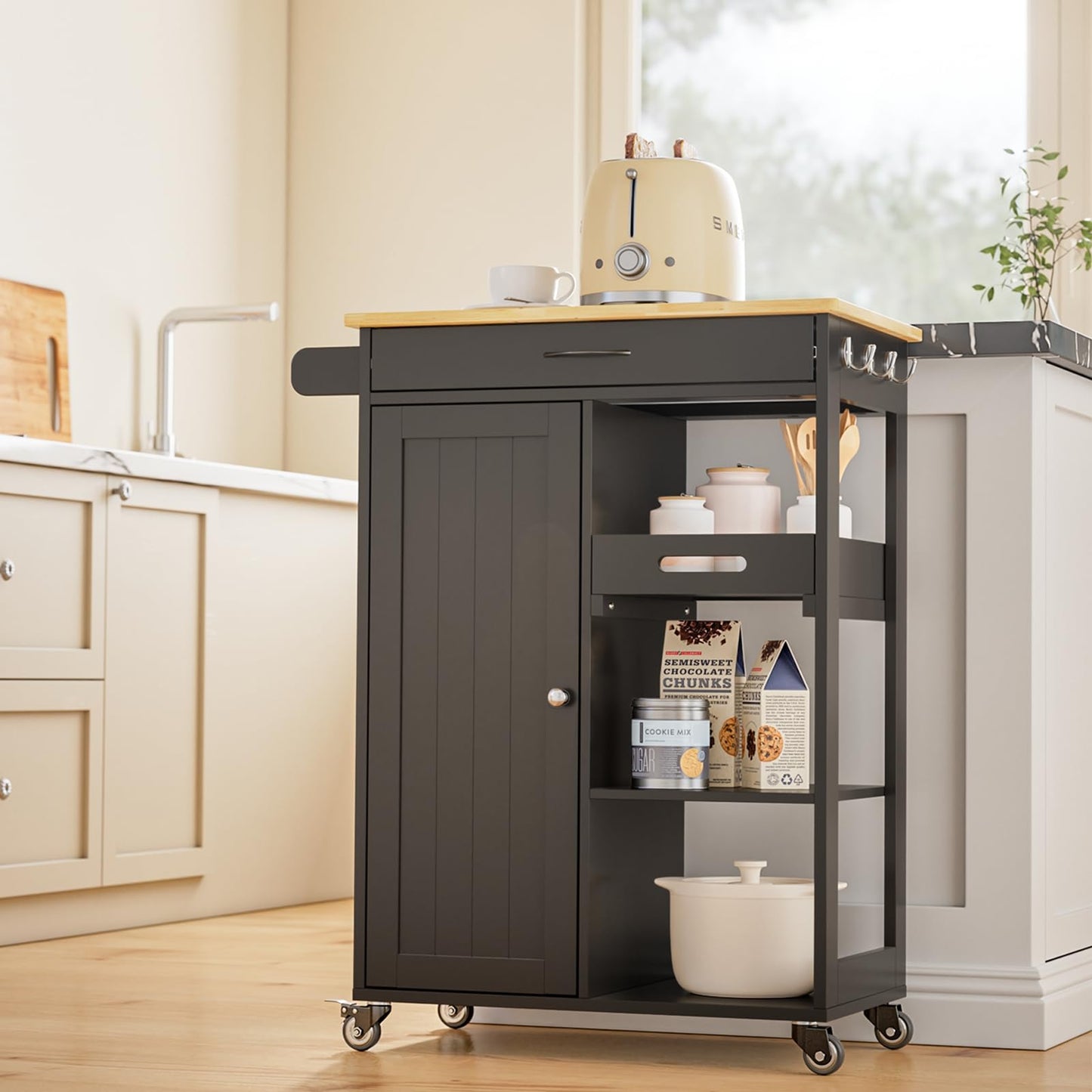 Gizoon Kitchen Island Cart with Solid Wood Top, Rolling Serving Utility Trolley Cart with Drawer, Cabinet, Towel Rack, Hooks and 3 Open Storage Shelves, Mobile Storage Cart for Dining Room, Bar, Black