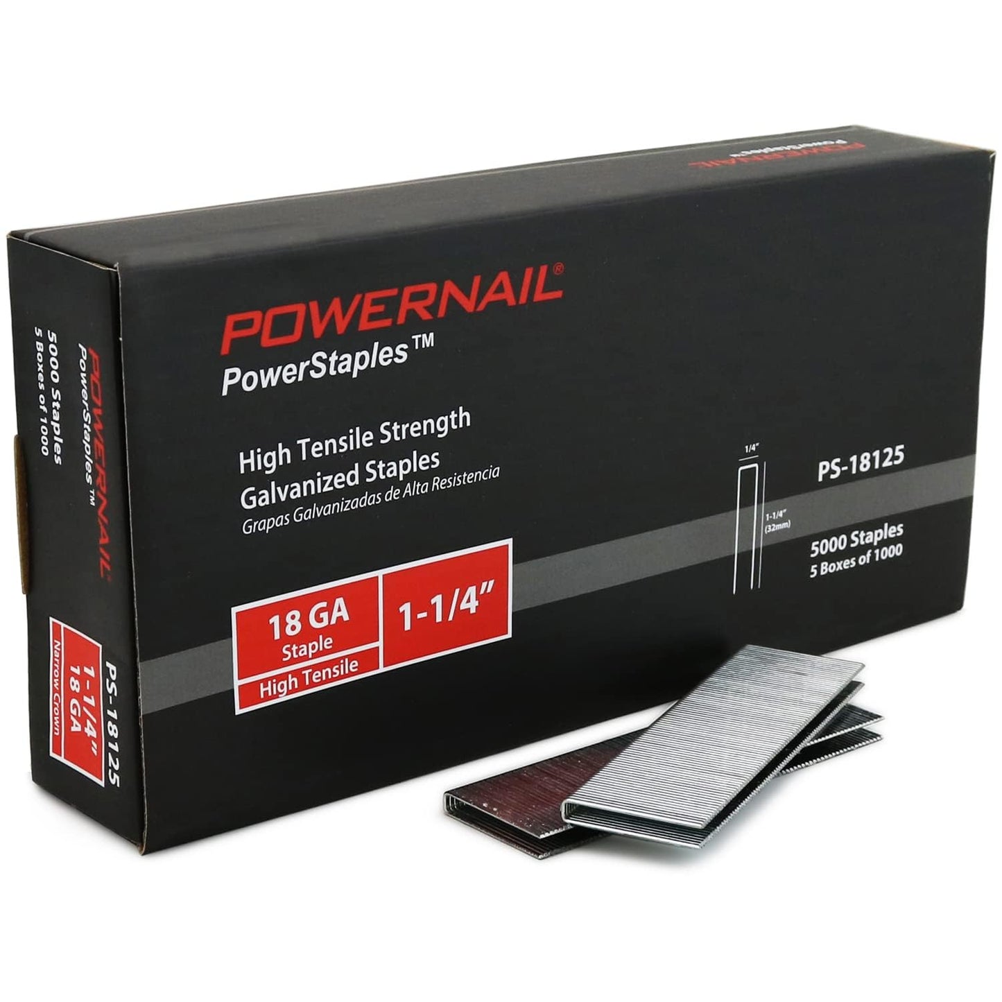 Powernail PS18125 18 Gauge 1/4 Inch Narrow Crown Staples, 1-1/4 Inch Length Heavy Duty Galvanized Chisel Point Staples for Electric or Pneumatic Narrow Crown Stapler Guns (Case, 6 Boxes of 5,000)