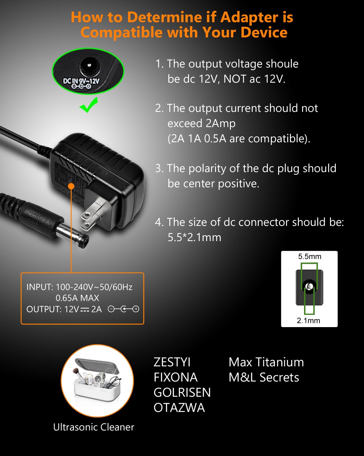 FOYU 12V 2A 24W 8 Cleaner/SPS100 Universal AC/DC Adapter Switching Power Supply with Size Plug Tips, Replacement Wall