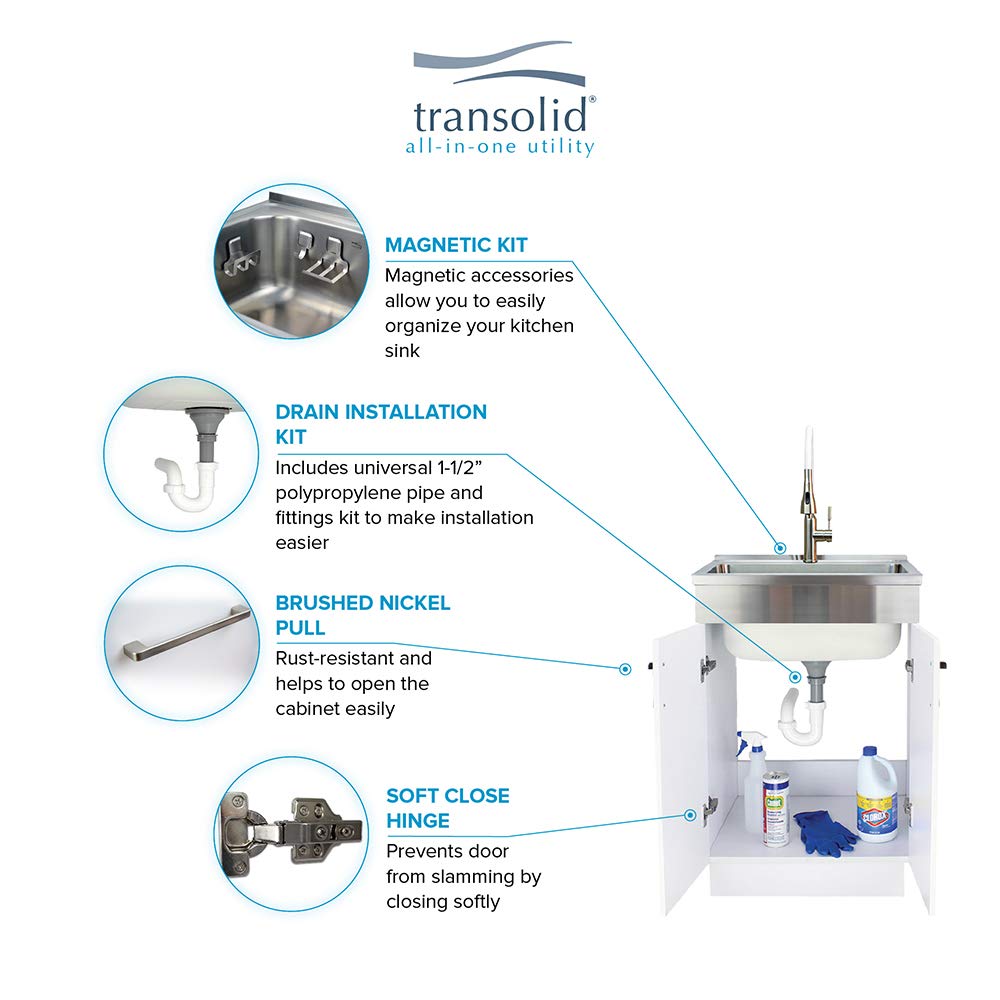 Transolid TCAB-2420-WSW 24-in All-in-One Laundry Cabinet Sink, Stainless Steel High Arc Faucet, and Basket in White