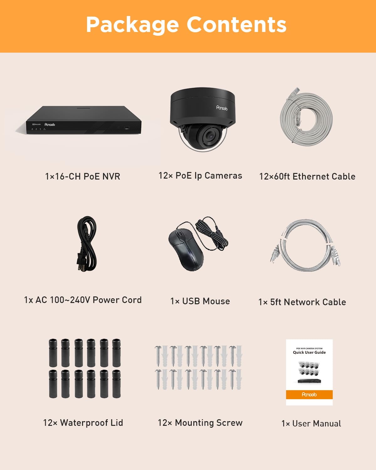 PANOOB 16 Channel Security Camera System, 12PCS 5MP Wired IK10 Vandal Dome PoE Camera Outdoor, Human Detection, Built-in Mic, Remote Access, 4K 16CH PoE NVR 4TB HDD for 24-7 Recording, PD54B1216-5M