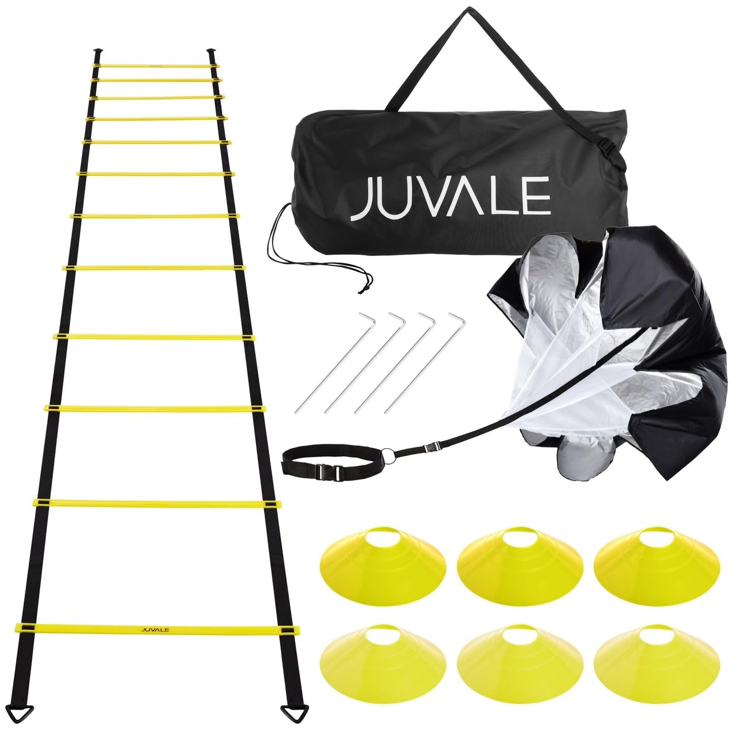 Juvale Adjustable Agility Ladder Set - Football Footwork Ladder Drills - Agility Cone Drills for Soccer Training - Parachute Speed Training - 20 Ft, 6 Cones & Parachute