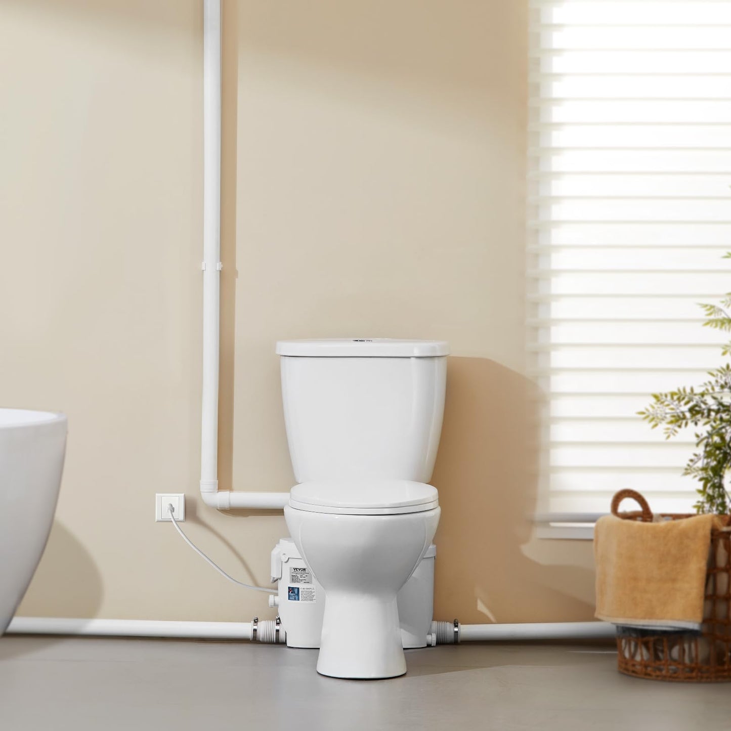 VEVOR Macerating Toilet System with Powerful 500W Macerator Pump, Rear Discharge and Upflush Toilet For Basement, Dual Flush Water Disposal, Macerating Toilet System Kit with 3-Inlet, Space Saving