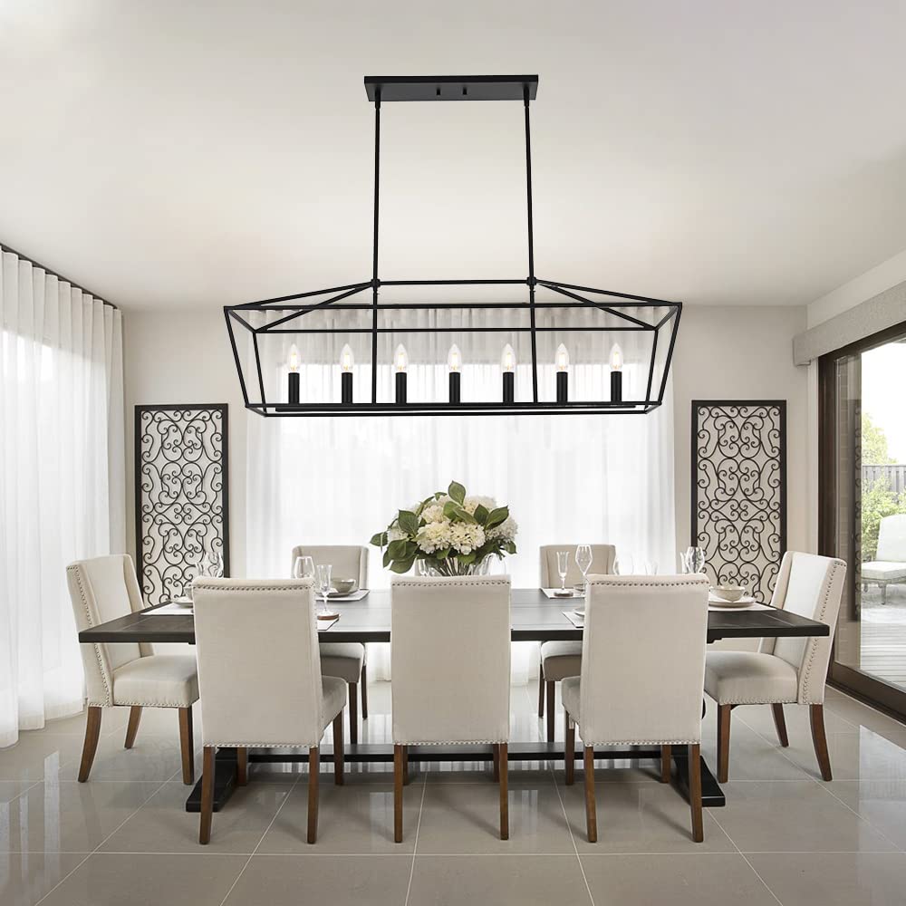 MELUCEE 7-Light Dining Room Light Fixtures Over Table, Farmhouse Chandelier Light Fixture Black Industrial Linear Pendant Lights Kitchen Island Candle Lantern Chandelier, E12 Base