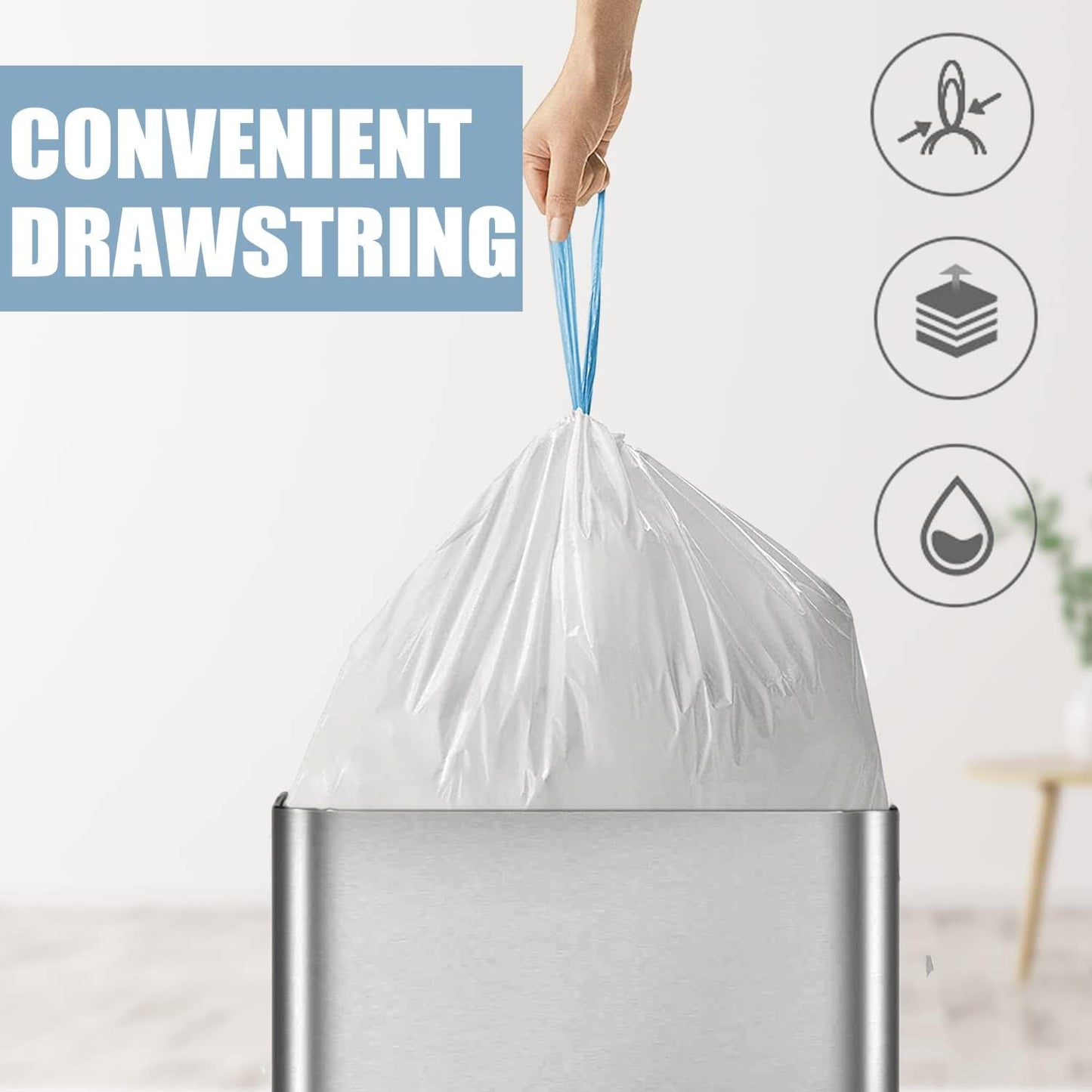 Small Trash Bags - 4 Gallon Drawstring Garbage Bags | Tear-Free Unscented White, 57 Count