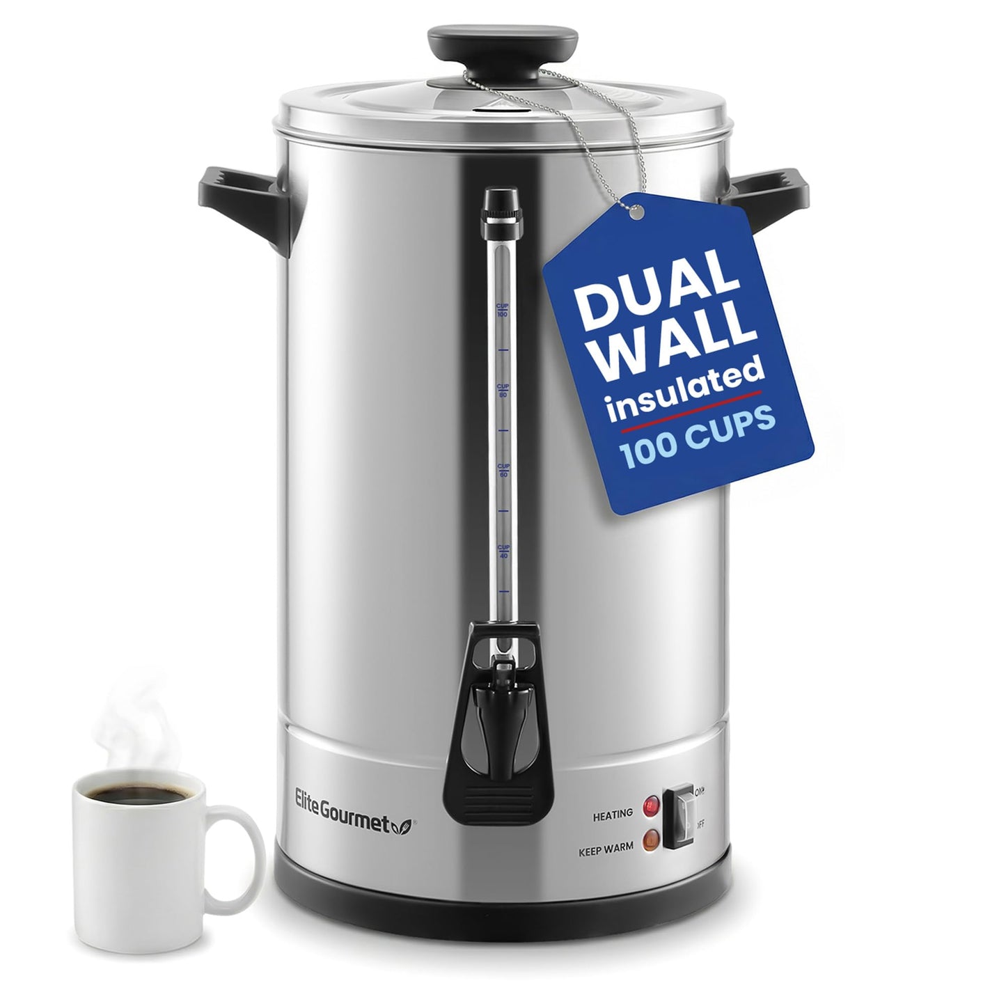 Elite Gourmet 100-Cup Commercial Coffee Urn & Hot Water Boiler – Dual-Wall Insulated, Tested to Keep Coffee Hot for 24 Hours, Dripless Faucet, Stainless Steel for Offices, Churches & Catering