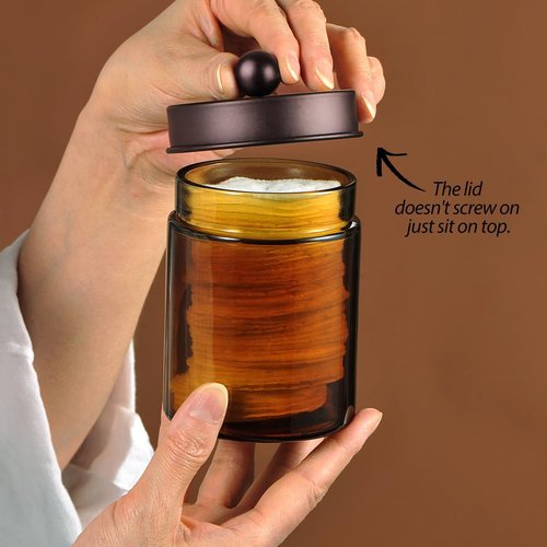 Amber Glass Qtip Holder - Apothecary Jar Set with Brown Metal Lid | Bathroom Organizer for Cotton Swabs (3 Pack, Bronze)