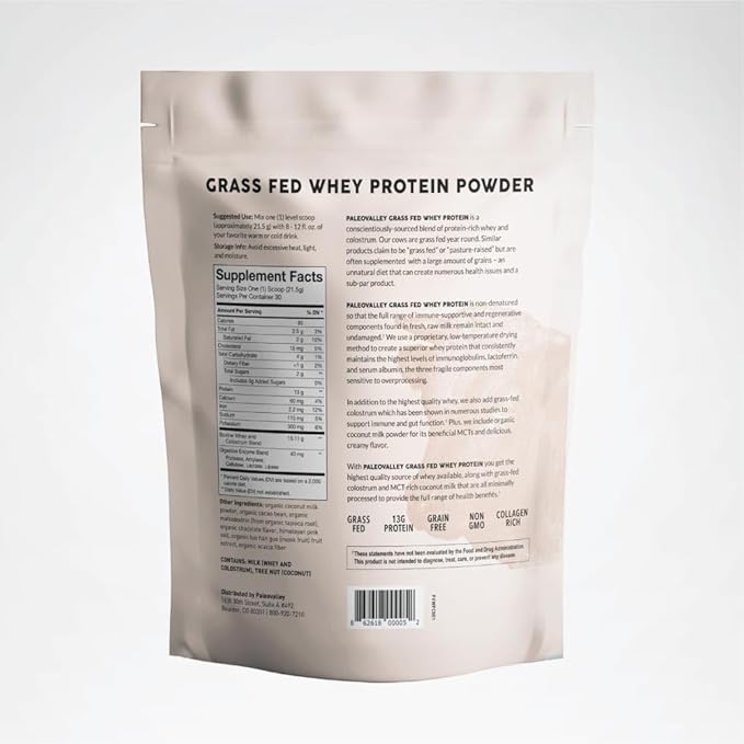 Paleovalley 100% Grassfed Whey Protein Powder with Colostrum, 13g Protein, Chocolate, Muscle Building, Immune Support, Gut Health
