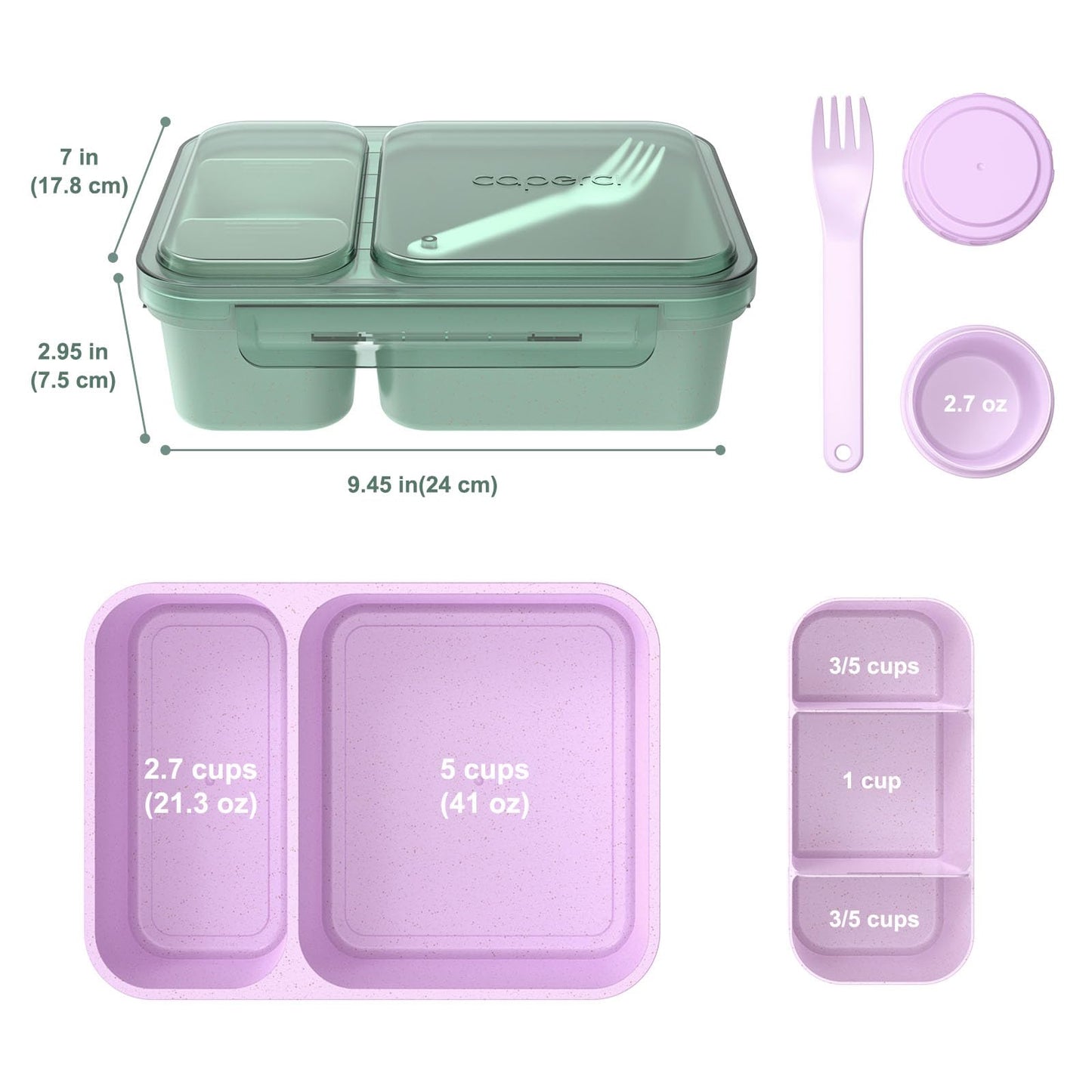 Caperci 2 Pack Salad Containers - Extra-Large 62 oz Bento Lunch Box for Adults, 2-Compartment Meal Prep Container with Removable Toppings Tray, Sauce Cup, Reusable Fork, BPA-Free (Purple & Green)